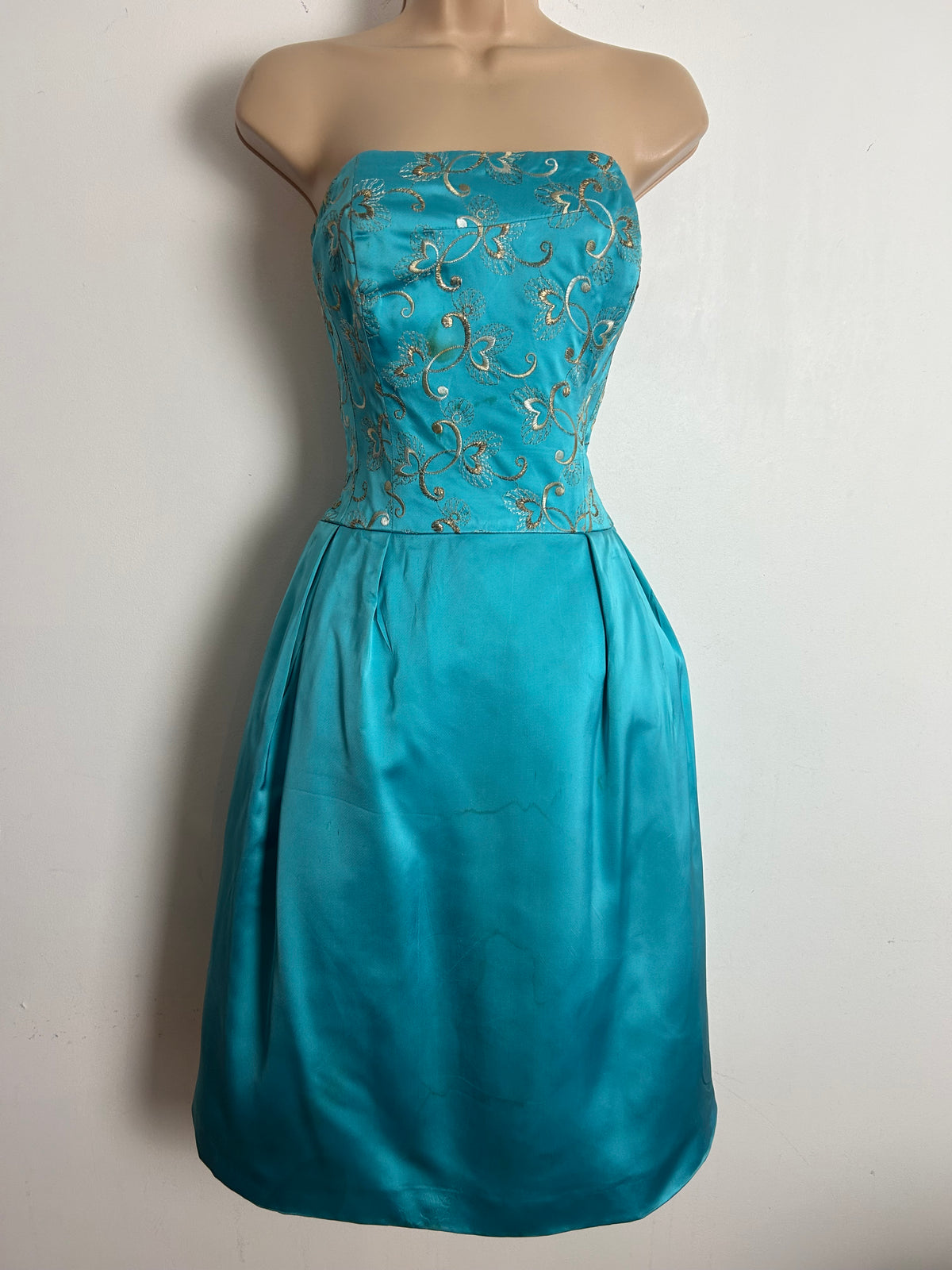 Vintage Early 1960s BERNARD FRERES Size 10 Turquoise Satin Embroidered Bodice Party Prom Occasion Dress