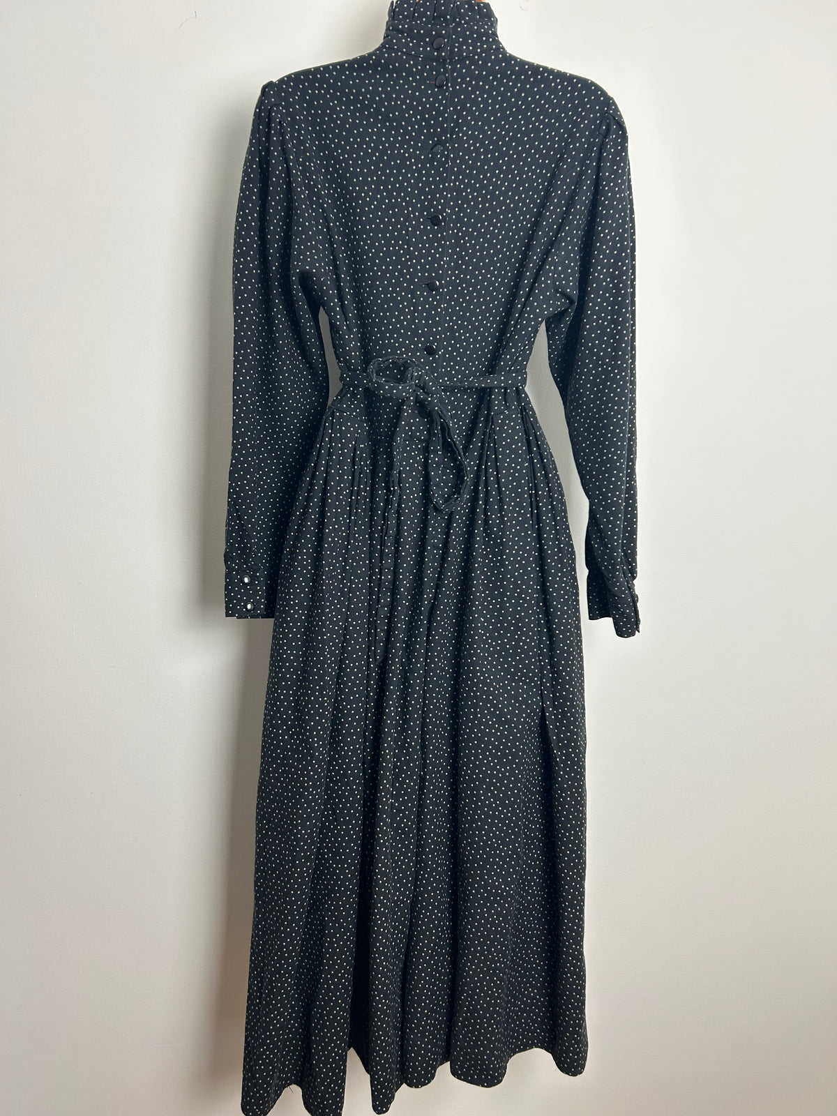 Vintage Early 1980s LAURA ASHLEY Size 12/14 (14 On Label) Black Polka Dot Tie Back Wool Mix Midi Dress