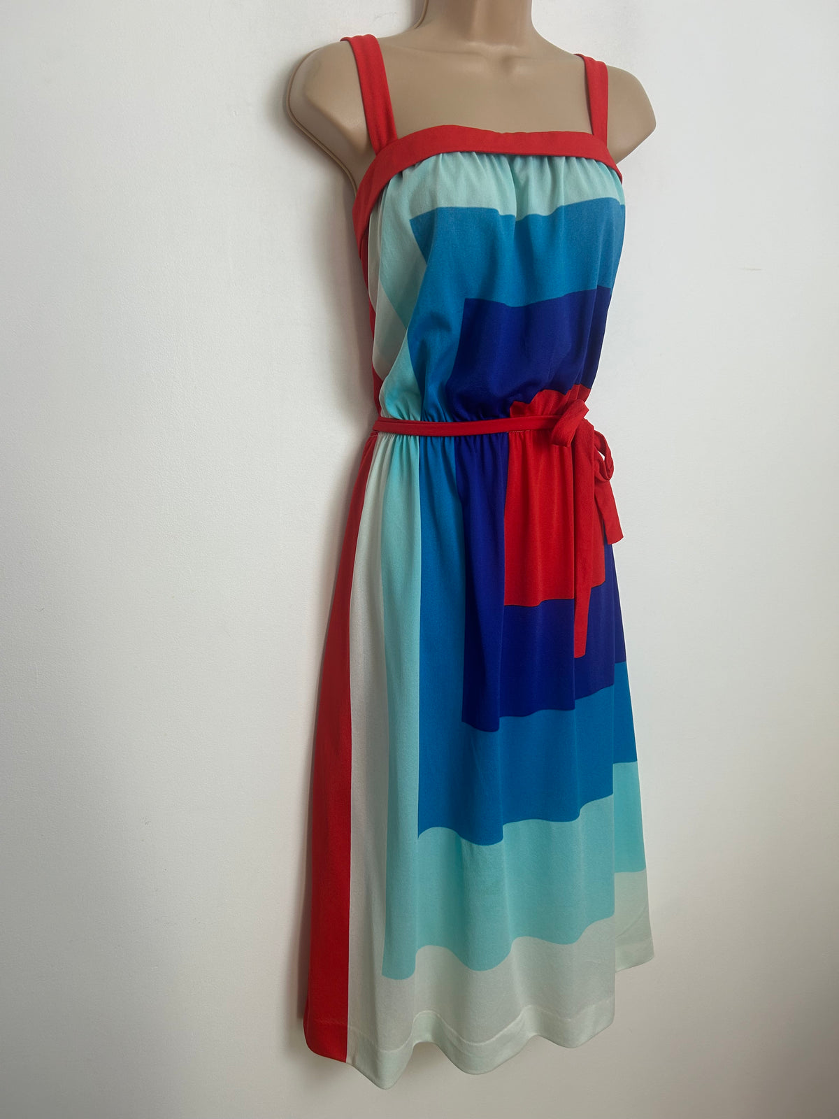 Vintage 1980s Size 12 Cute Blue Red & White Geo Square Print Belted Summer Day Dress