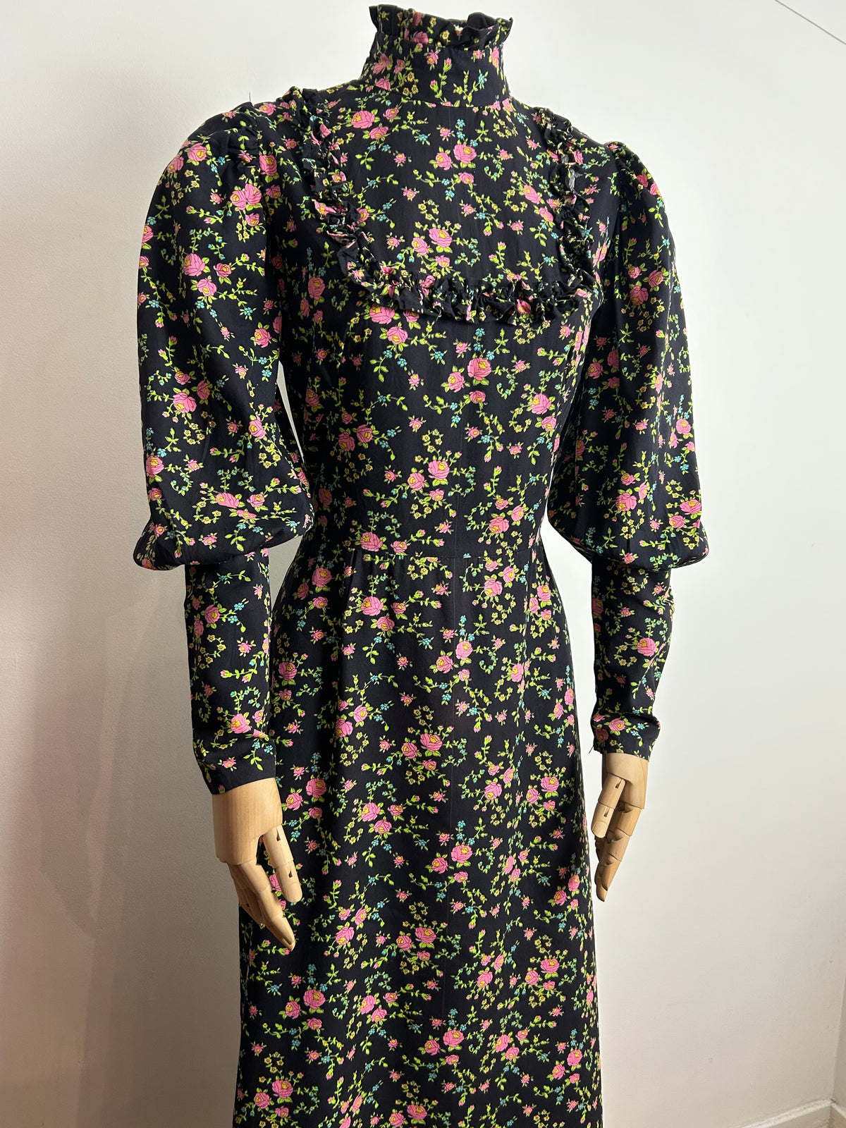 Vintage 1970s UK 10 Black Pink & Green Floral Print Ruffle Trim Long Sleeve Cotton Prairie Maxi Dress