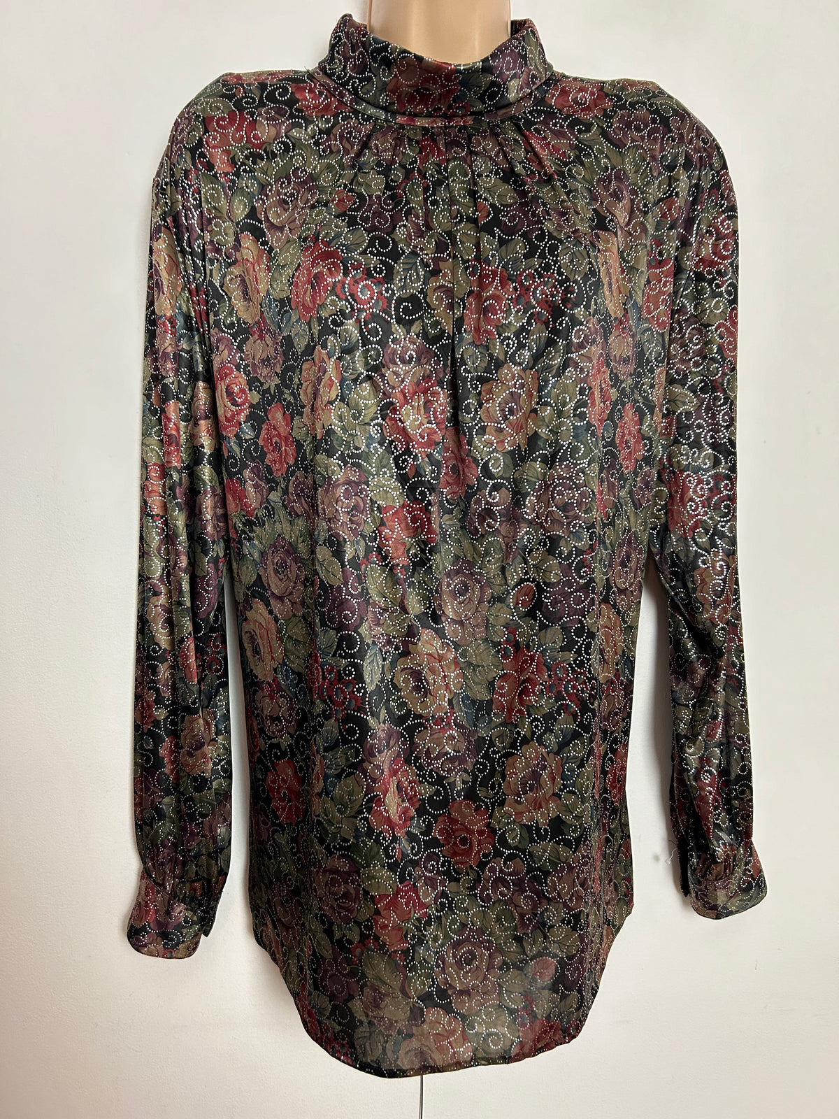 Vintage 1980s UK Size 14-16 Dark Green & Dark Red Shiny Fabric With Silver Swirly Pattern Long Sleeve Top