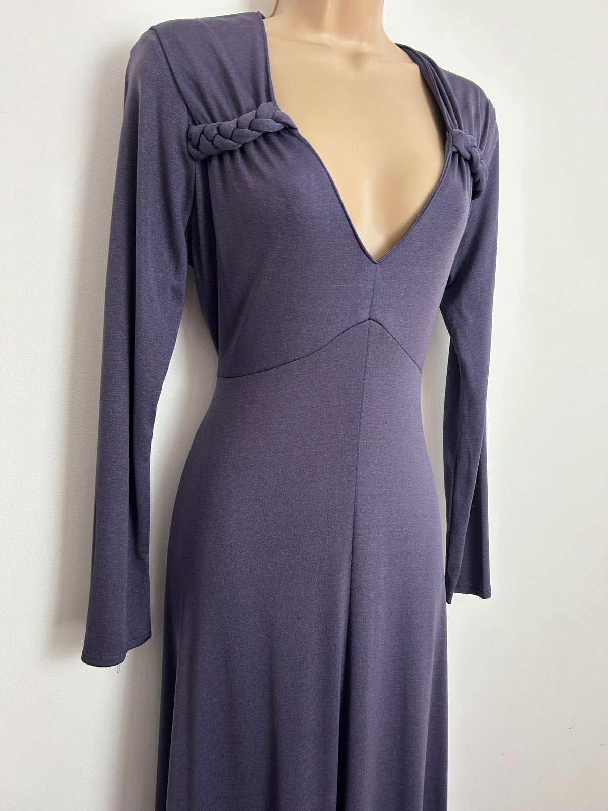 Vintage 1970s SHELANA Size 12 Mauve Grey Long Sleeve Plaited Detail Long Sleeve Maxi Dress