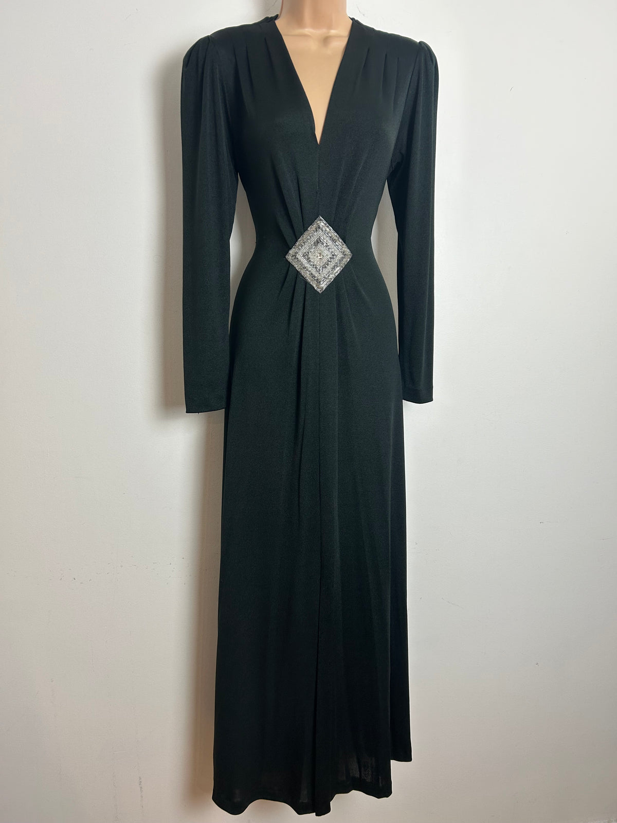 Vintage 1970s JOY STEVENS Size 12 Black Bead Embellished Long Sleeve Evening Maxi Dress