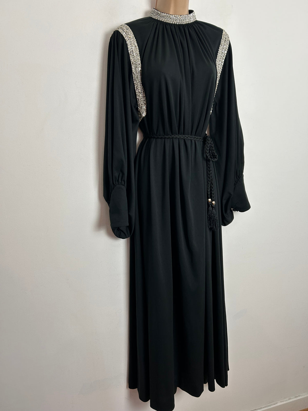 Vintage 1970s UK Size 14-16 Black Silver Braid & Sequin Trim Balloon Cuffed Sleeve Belted Occasion Evening Maxi Dress
