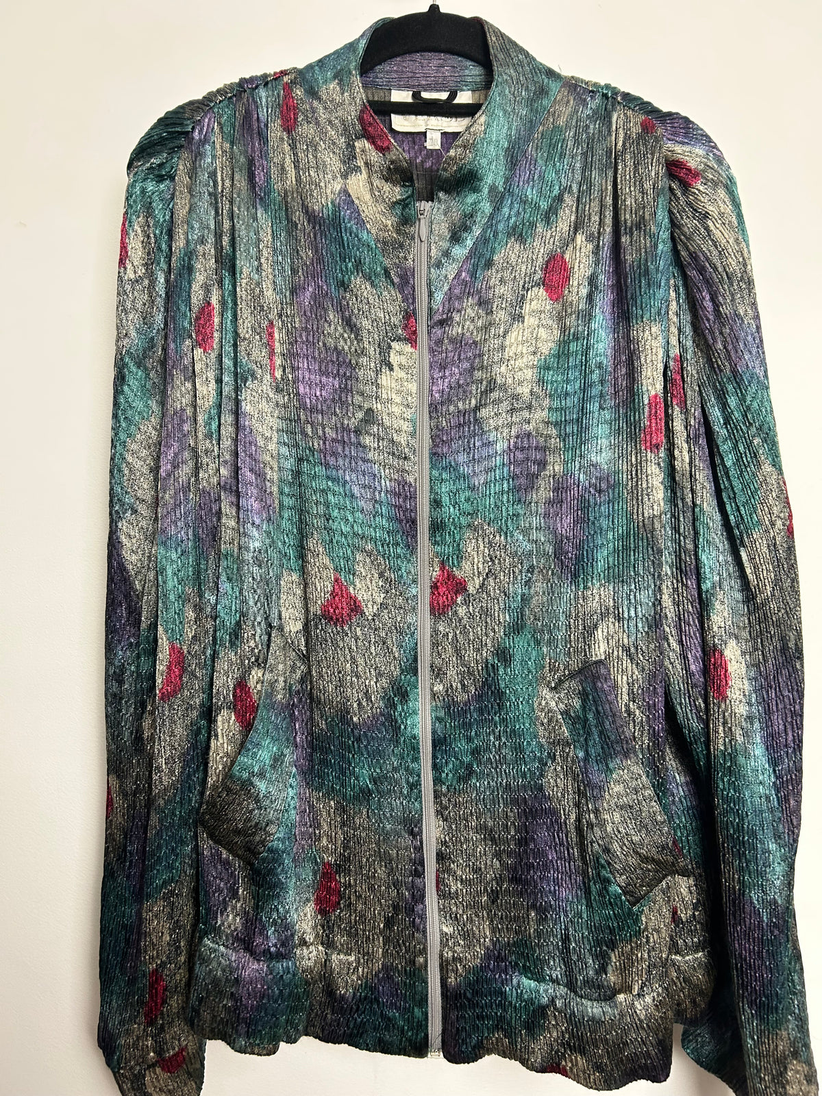 Vintage Late 1980s VERSE Up To Size 16 Grey Purple Teal & Red Silky Plisse Pleated Zip Up Jacket