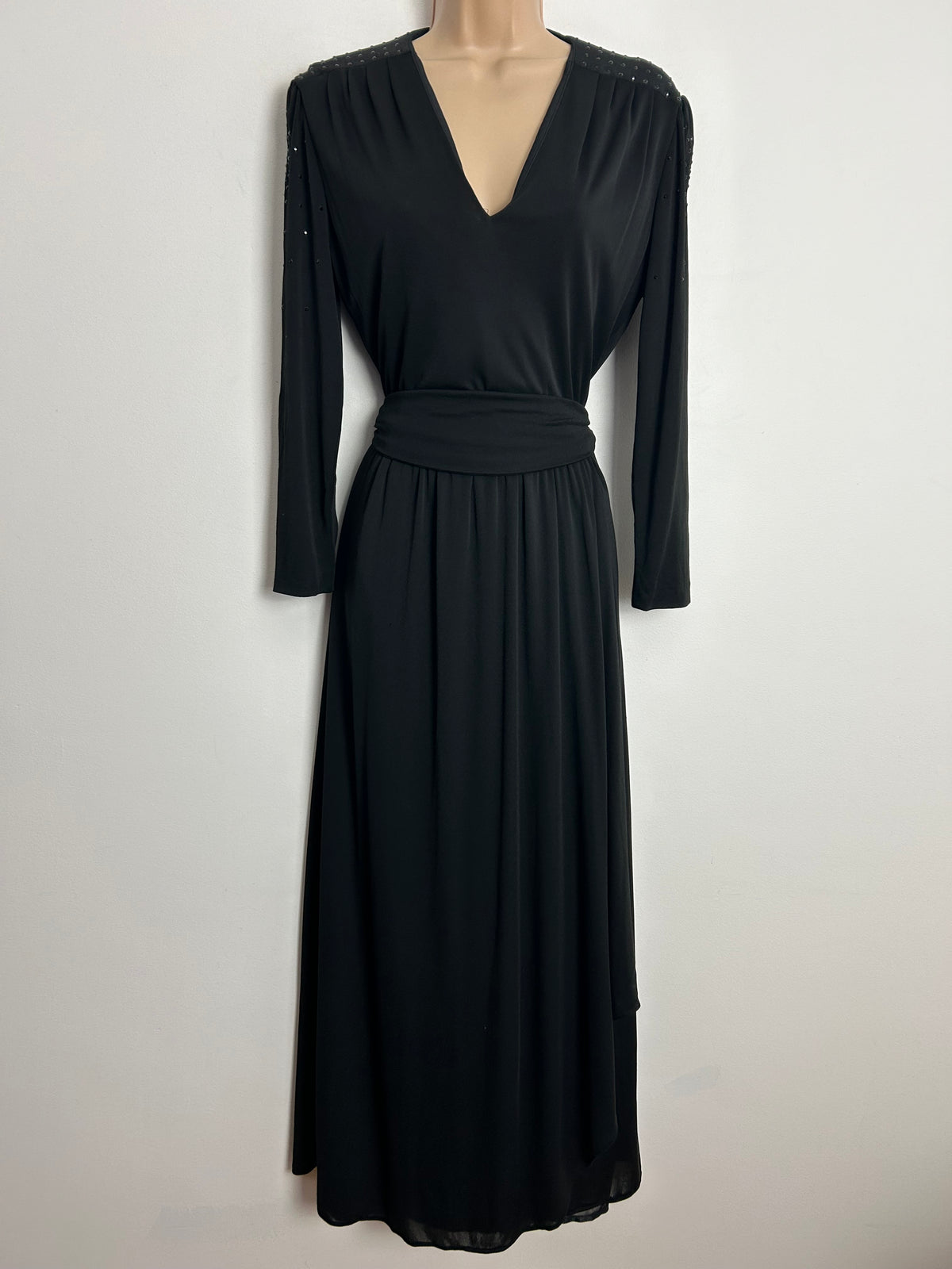 Vintage 1970s FINK MODELL UK Size 12 Black Diamante Detail Long Sleeve Belted Evening Occasion Maxi Dress