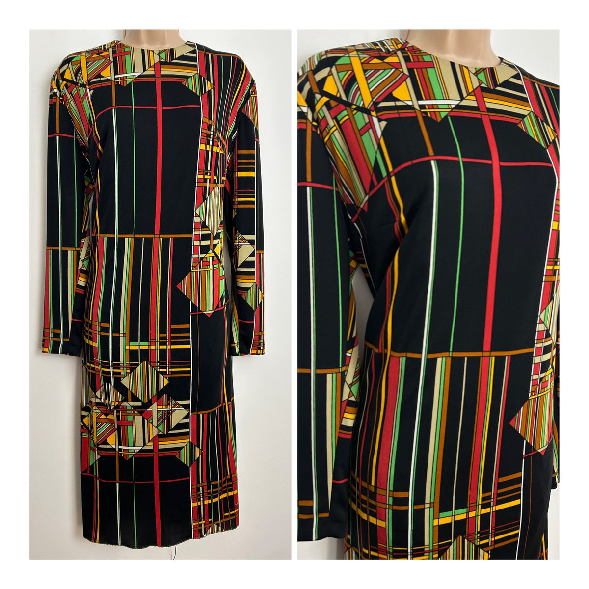 Vintage 1970s Size 14 Black Red Green Yellow & Beige Abstract Stripe Print Long Sleeve Shift Dress