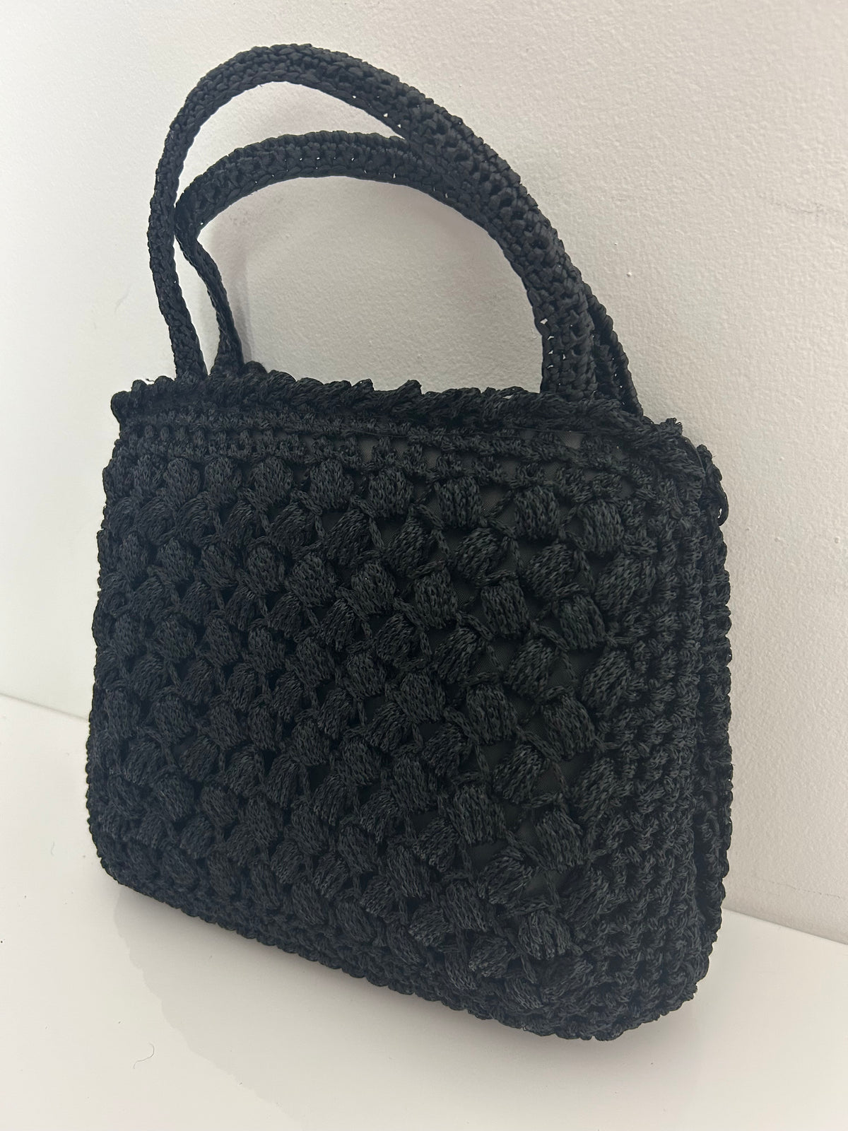 Vintage 1960s Gorgeous Black Crochet Woven Style Top Handle Kelly Style Handbag