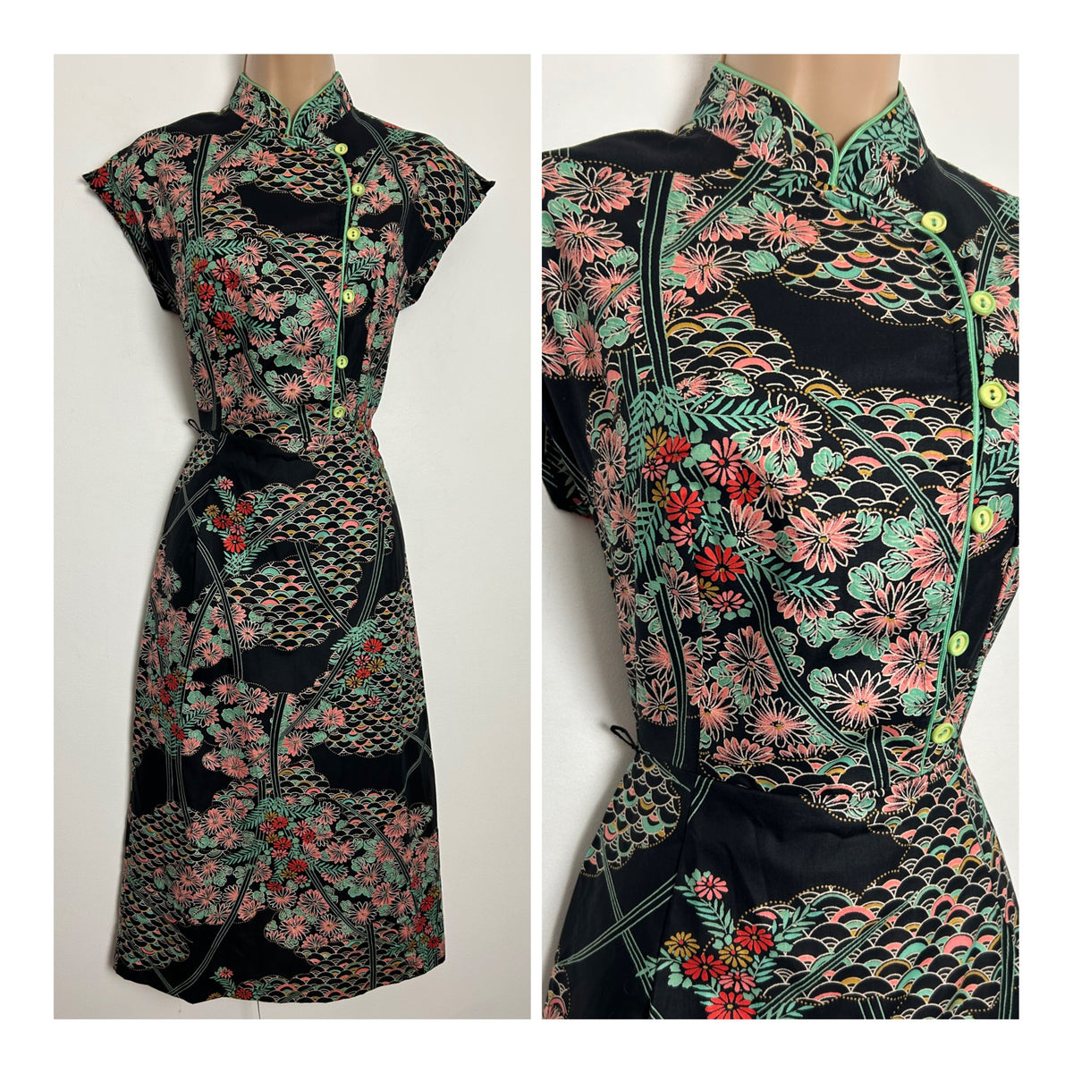 Vintage 1970s Size 6 Pretty Black Pink & Mint Green Japanese Print Cotton Day Dress