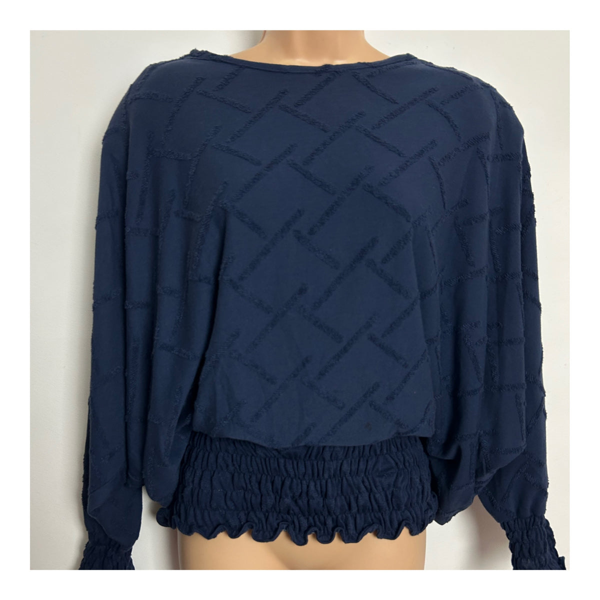 Vintage 1980s Size 16 Navy Blue Textured Cotton Bat Wing Shirred Waist Top