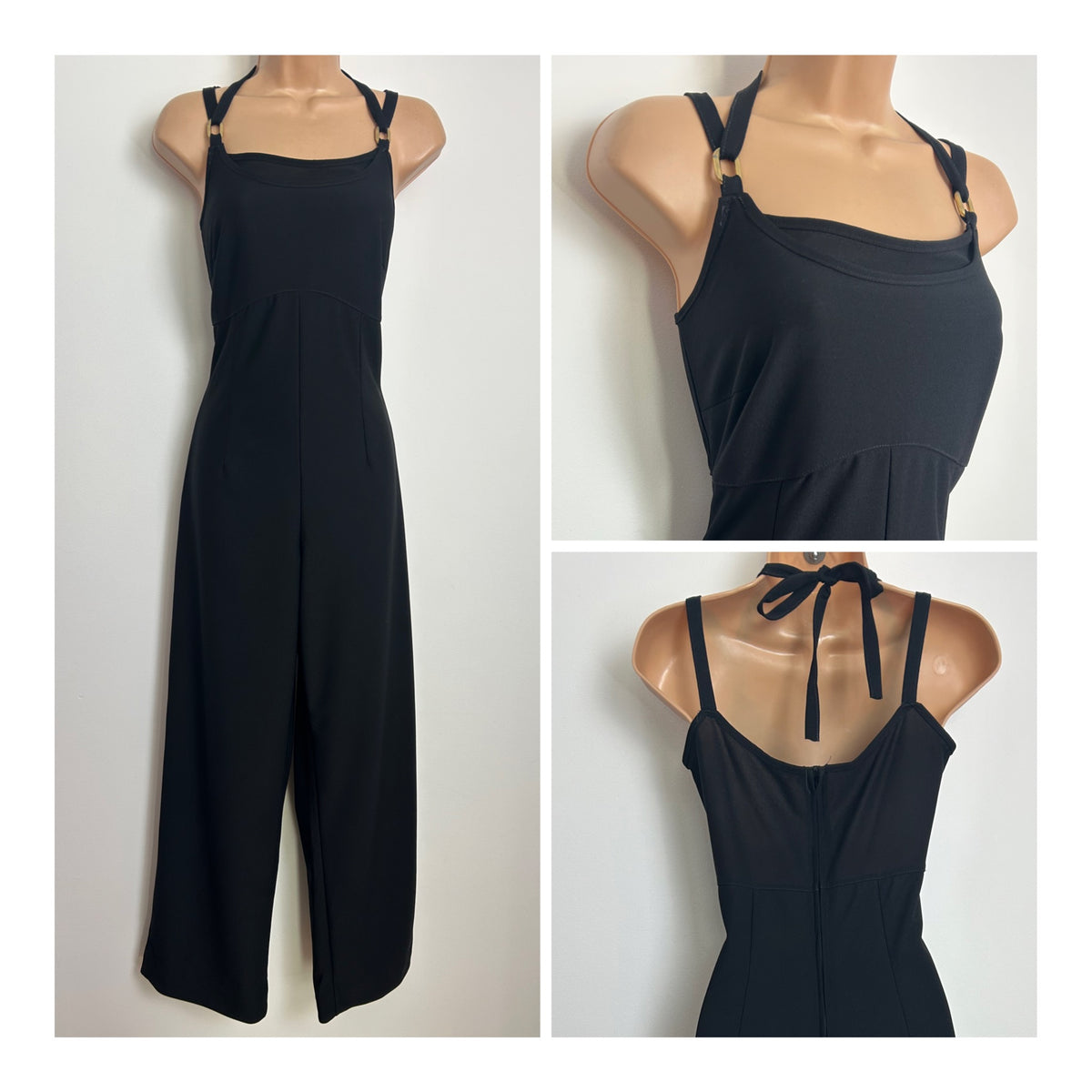 Vintage Late 1970s Size 8 Black Strappy Wide Straight Leg Jumpsuit