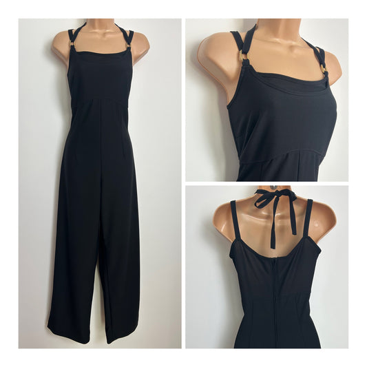 Vintage Late 1970s Size 8 Black Strappy Wide Straight Leg Jumpsuit