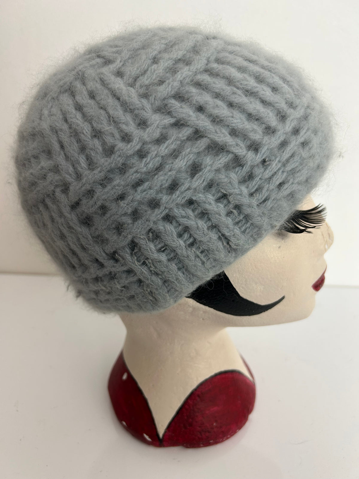 Vintage Grey Wool & Angora Mix Chunky Knit Beanie Or Beret Style Handmade Hat