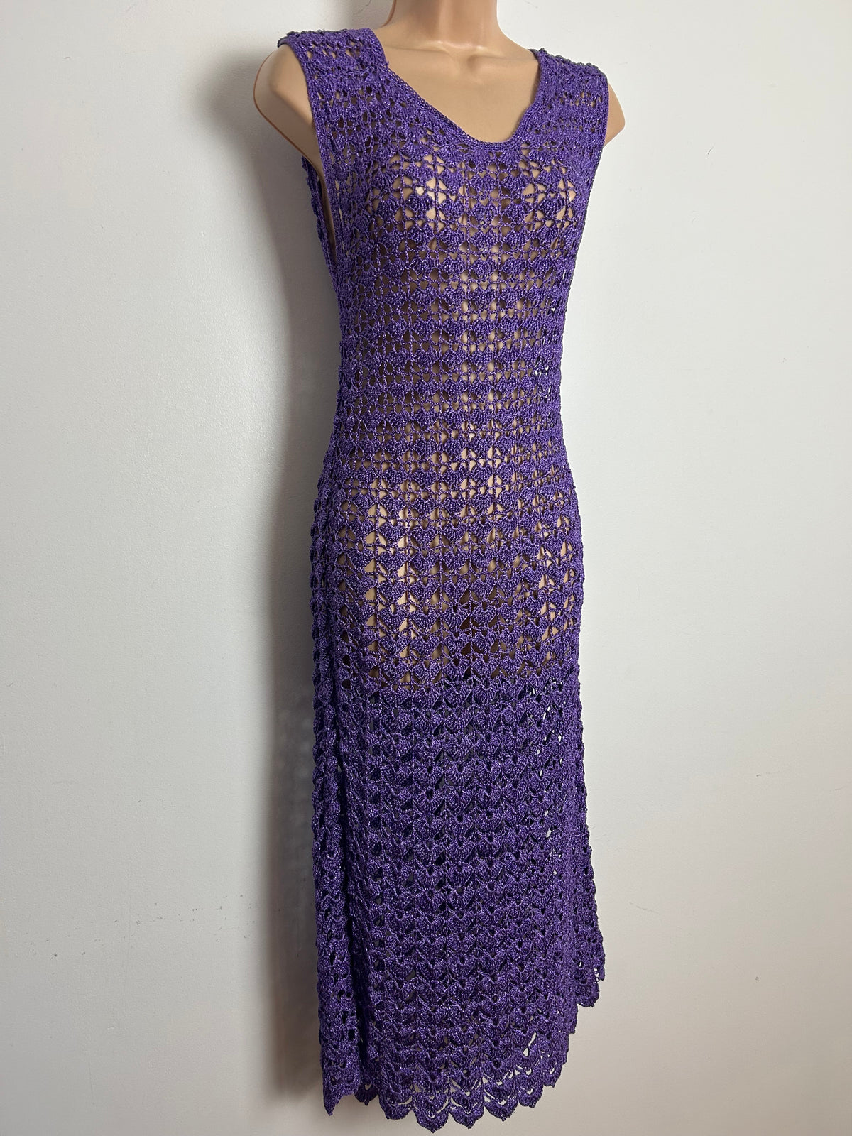 Vintage 1980s Size 12-14 Purple Glitter Crochet Sleeveless Party Occasion Midi Dress