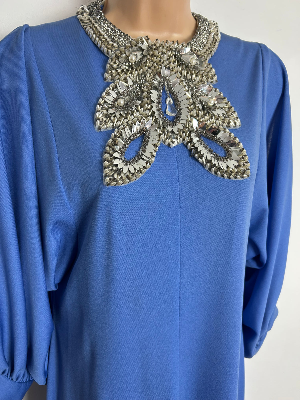 Vintage Early 1970s LESHGOLD Size 8-10 Powder Blue Silver Bead & Sequin Applique Split Sleeve Occasion Evening Maxi Dress