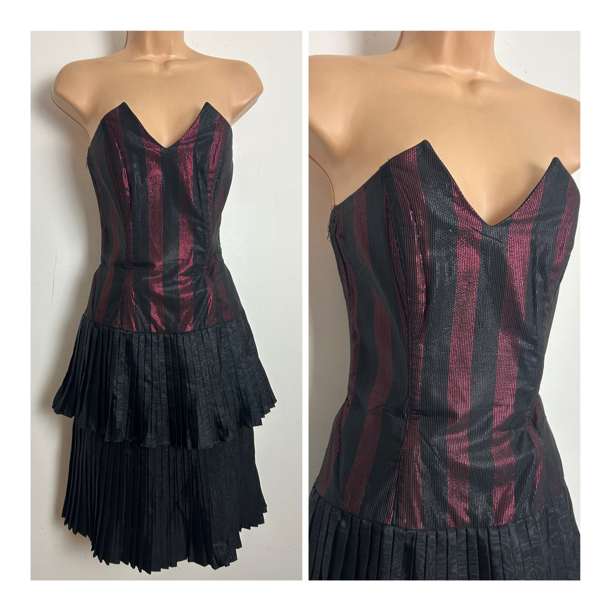 Vintage 1980s Size 8 Black & Metallic Pink Strapless Pleated Double Layer Party Prom Dress