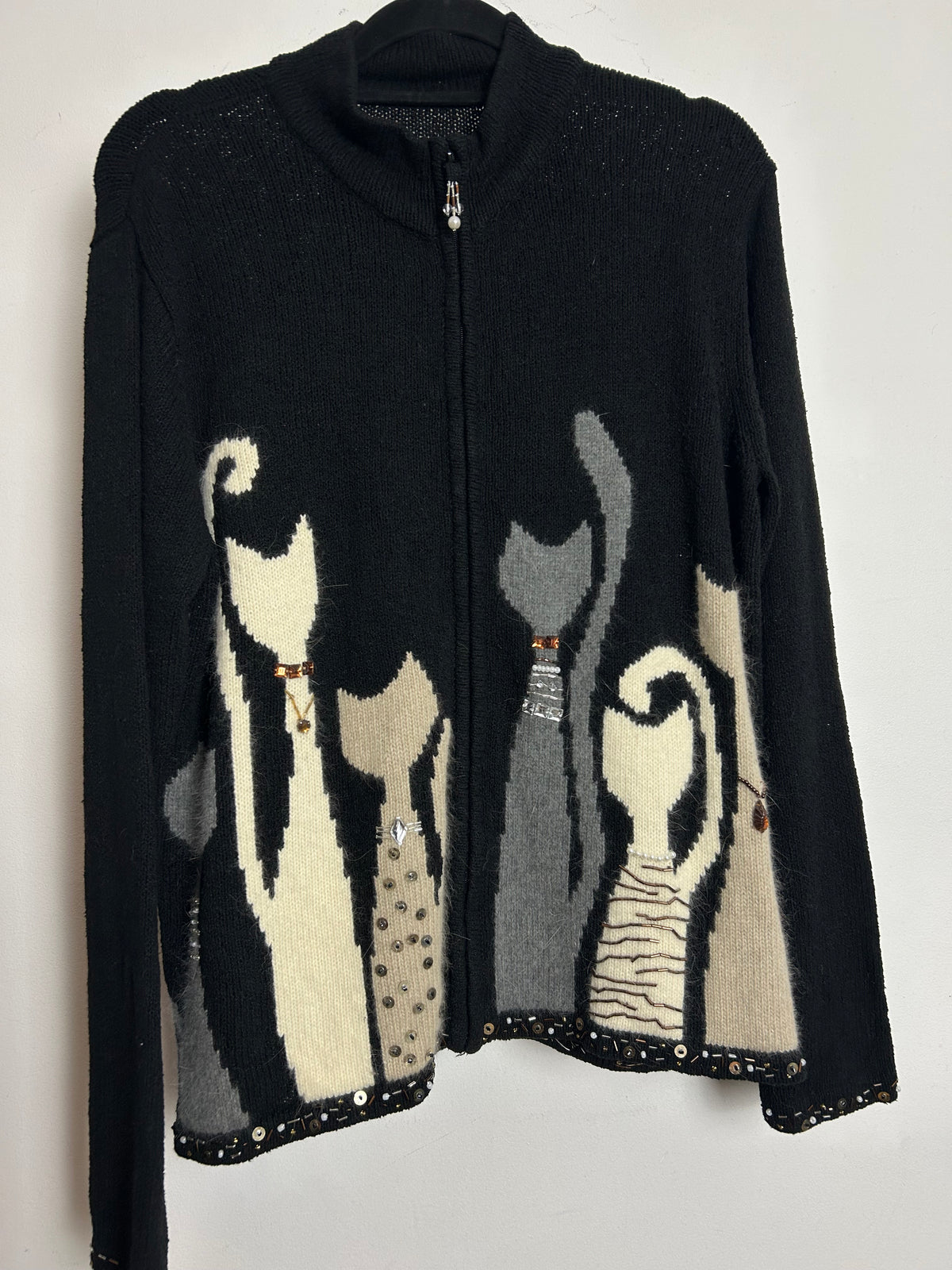 Vintage 1980s Up To Size 14-16 Black Beige Grey & Cream Novelty Cat Print Cardigan