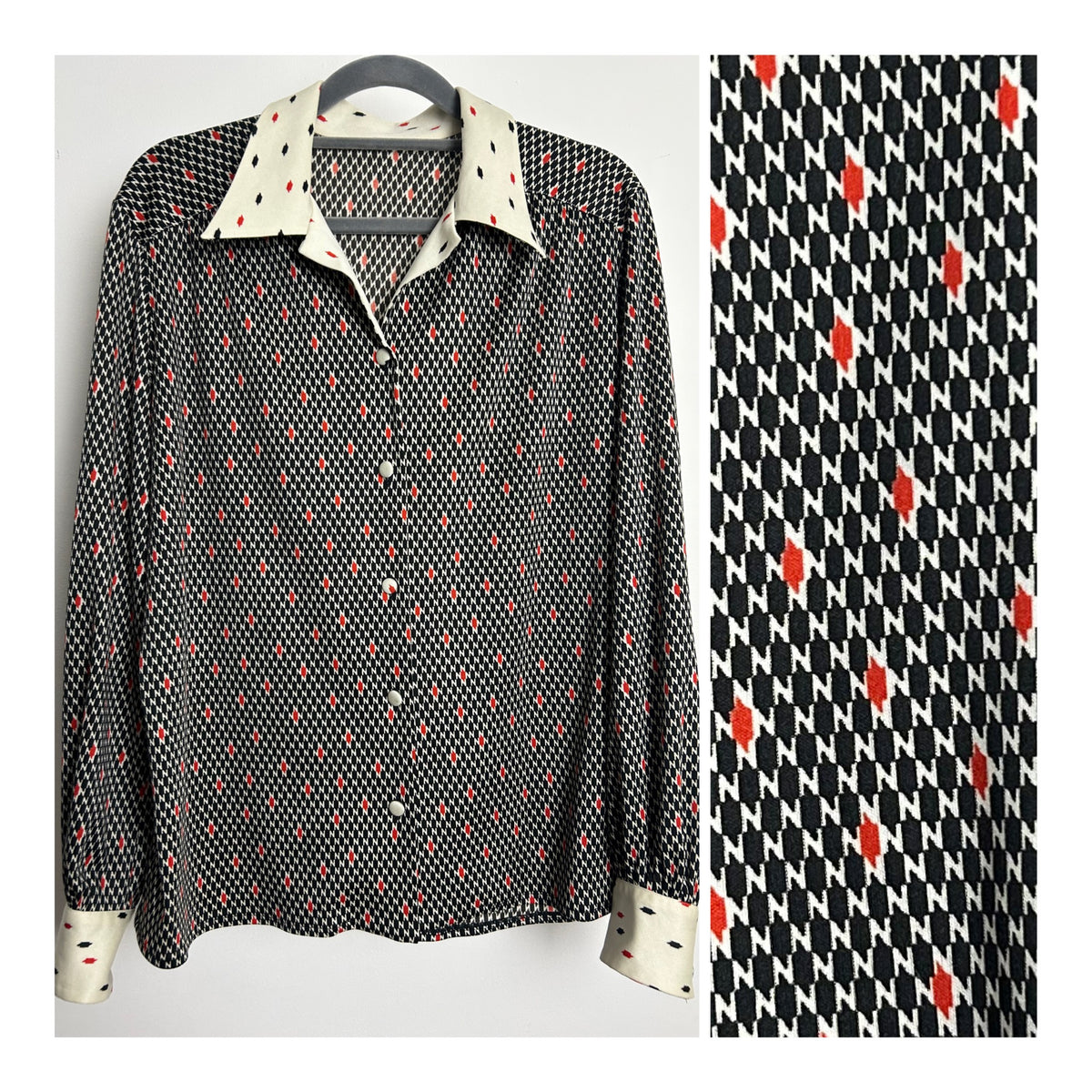 Vintage 1970s Size 16 Black Cream & Red Abstract Check Print Long Sleeve Collared Shirt