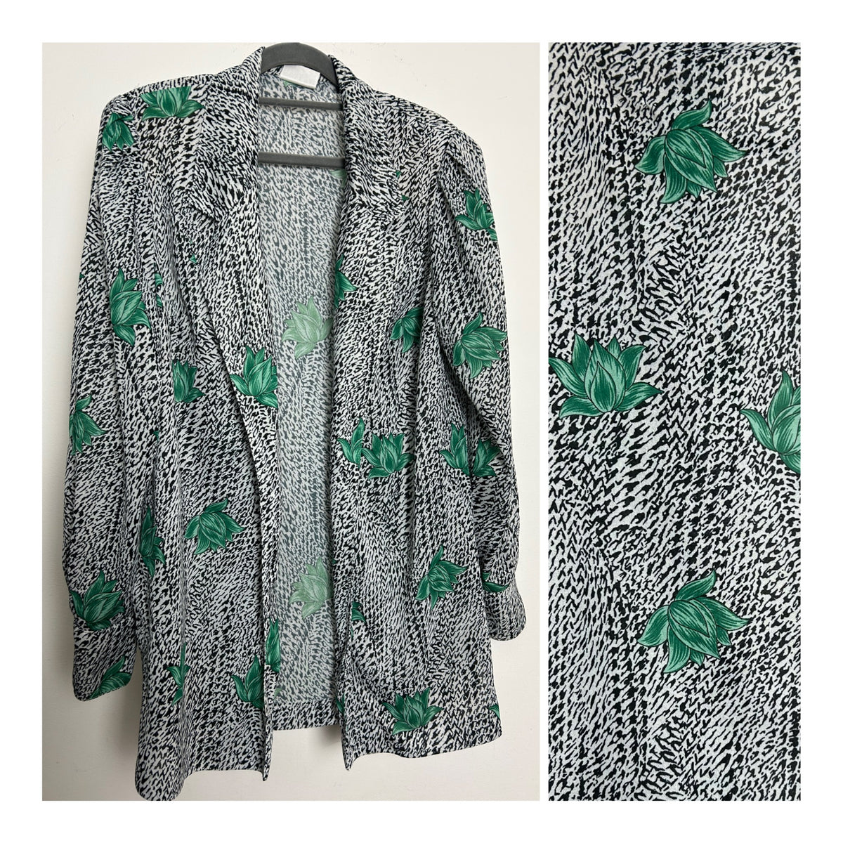 Vintage 1980s BARUCH Size 12 Black White & Green Animal Print With Leaves Open Front Cover Up Shirt