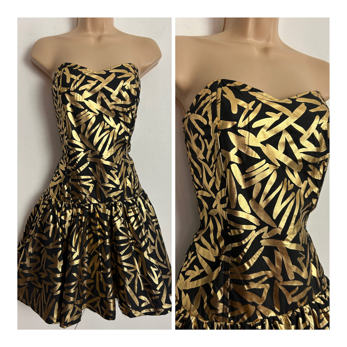 Vintage 1980s UK Size 8 Black & Metallic Gold Abstract Print Strapless Boned Mini Party Prom Dress