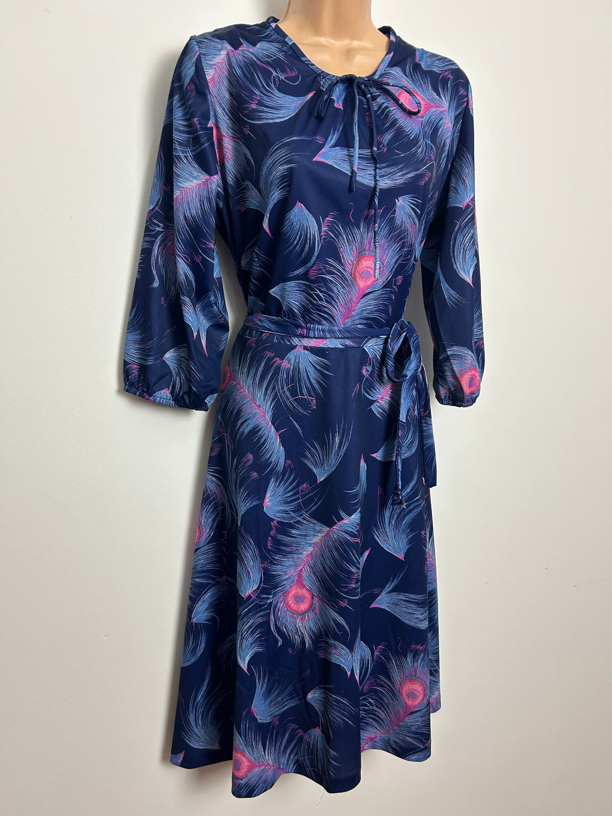Vintage Early 1980s HEATHER VALLEY Size 14 Navy Blue & Pink Peacock Feather Belted Day Dress