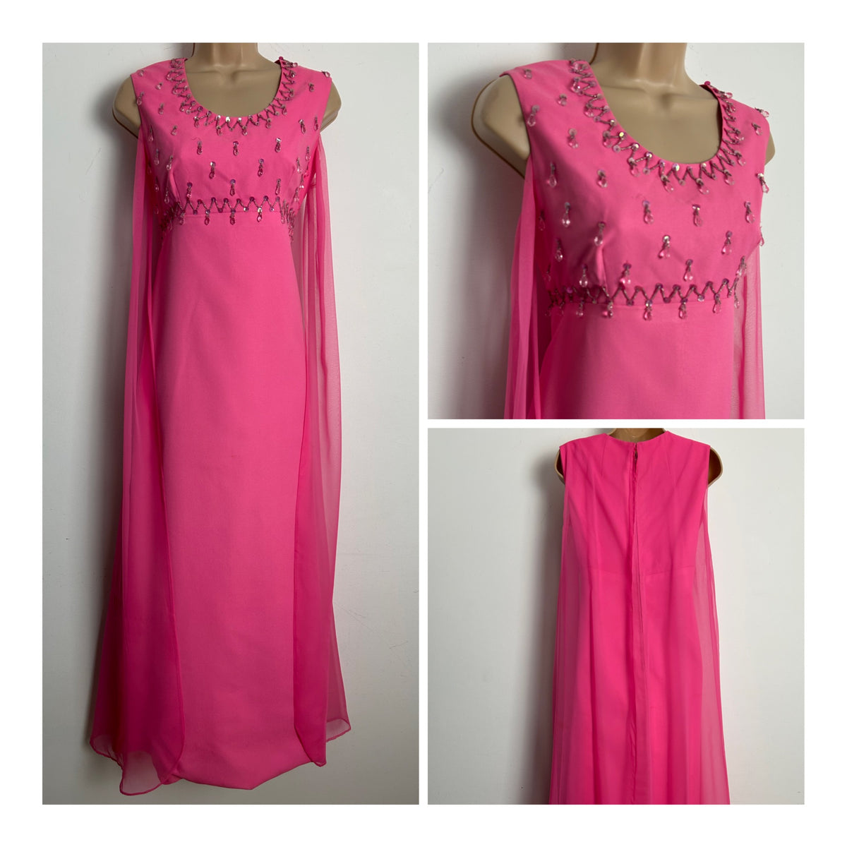 Vintage 1960s Size 8-10 Candy Pink Sequin & Droplet Bead Embellished Cape Layer Occasion Maxi Dress