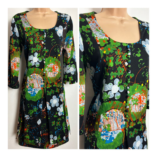 Vintage 1960s Size 14 Black Green & Orange Floral Print Mock Two Piece Long Sleeve Mod Shift Dress