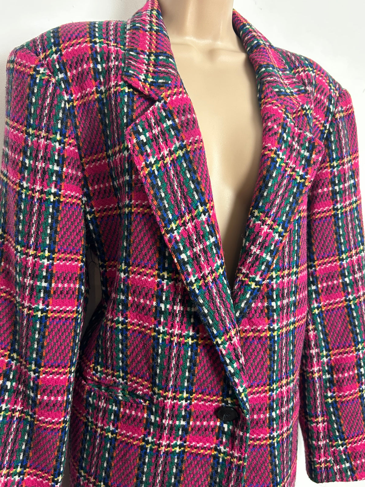 Vintage 1980s Size 14 Pink Green Blue & Yellow Check Print Wool Mix Blazer