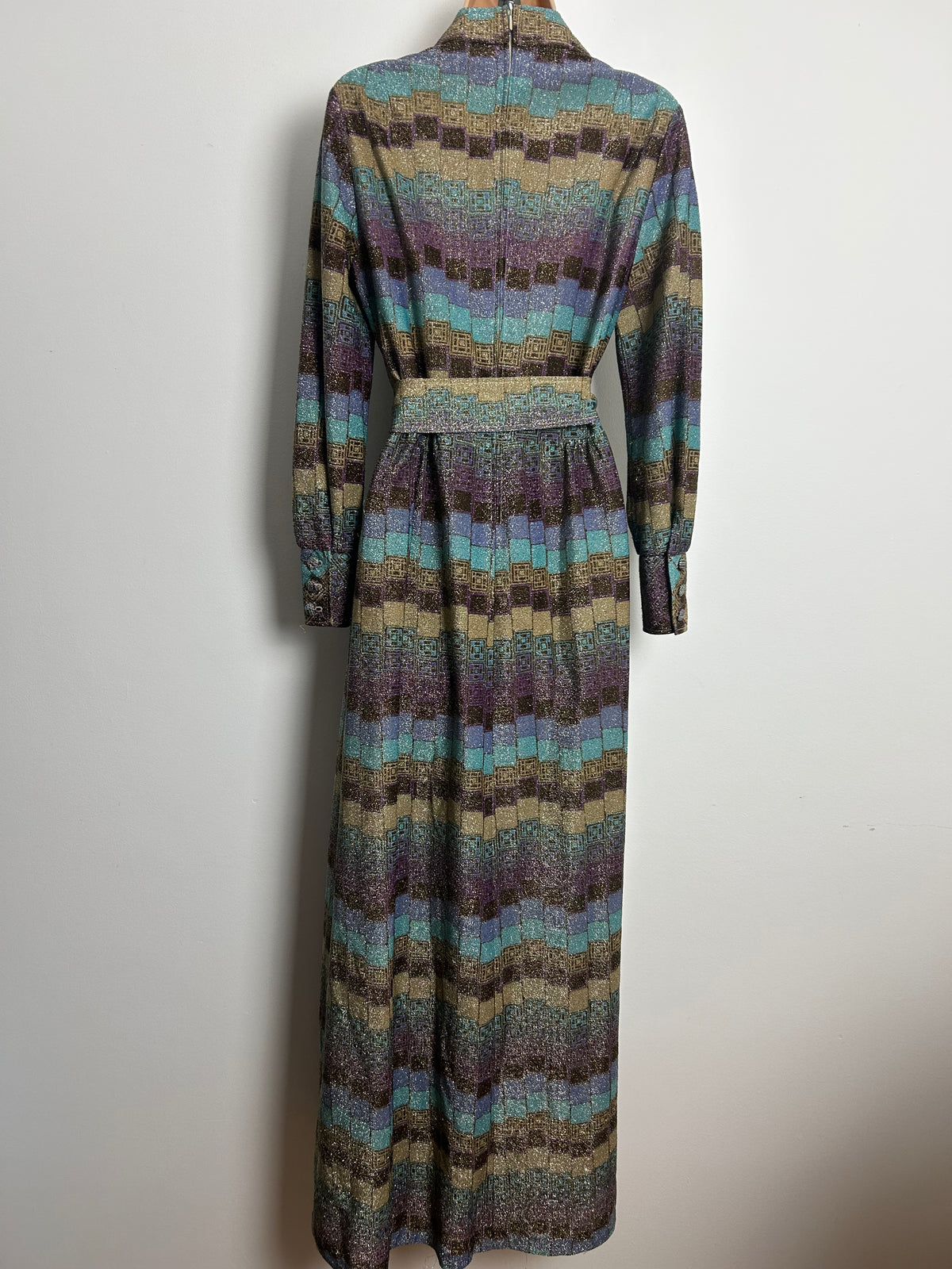 Vintage 1970s Size 12 Blue Beige & Plum Purple Geo Print Lurex Belted Occasion Maxi Dress