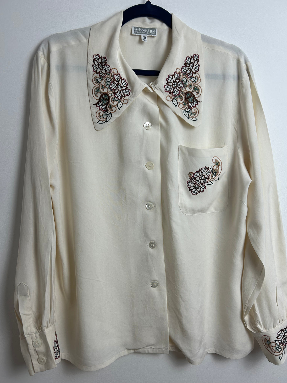 Vintage 1980s ELEGANCE PARIS Size 12 Cream 100% Silk Embroidered Detail Long Sleeve Blouse