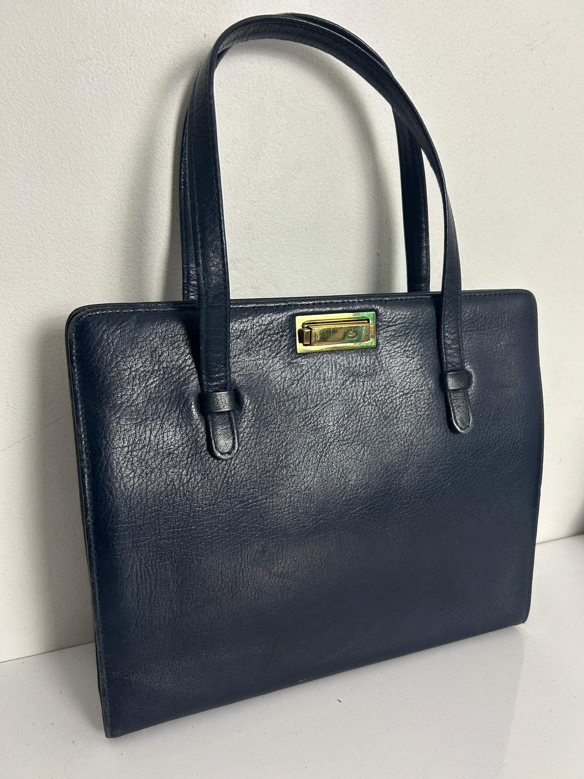 Vintage 1960s Navy Blue Double Handle Kelly Handbag