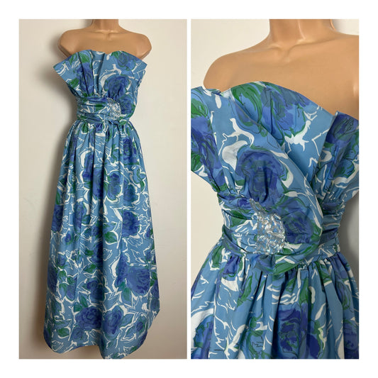 Vintage Early 1980s TRINA LEWIS & MARJON COUTURE Size 6-8 Blue Green & White Floral Print Strapless Occasion Prom Style Ballgown