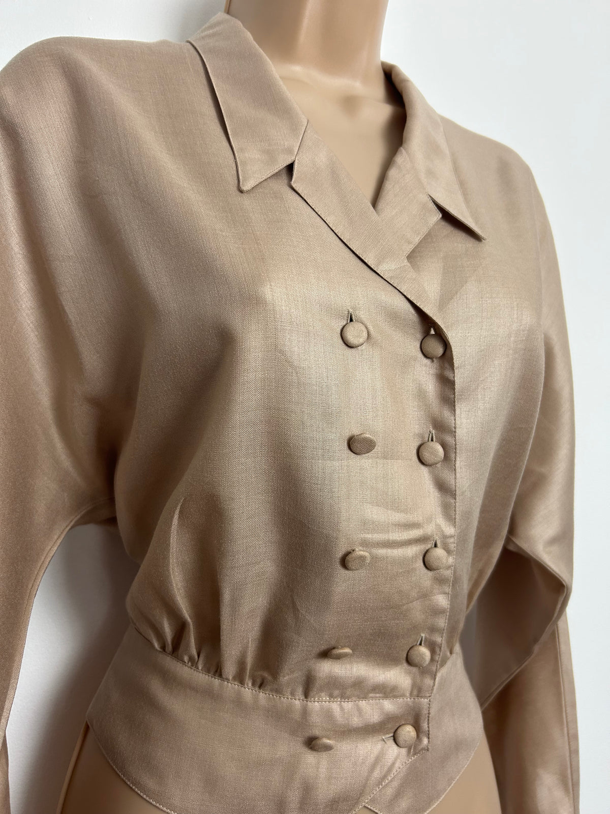 Vintage 1980s LADY MANHATTAN Size 10-12 Taupe Double Breasted Long Sleeve Blouse