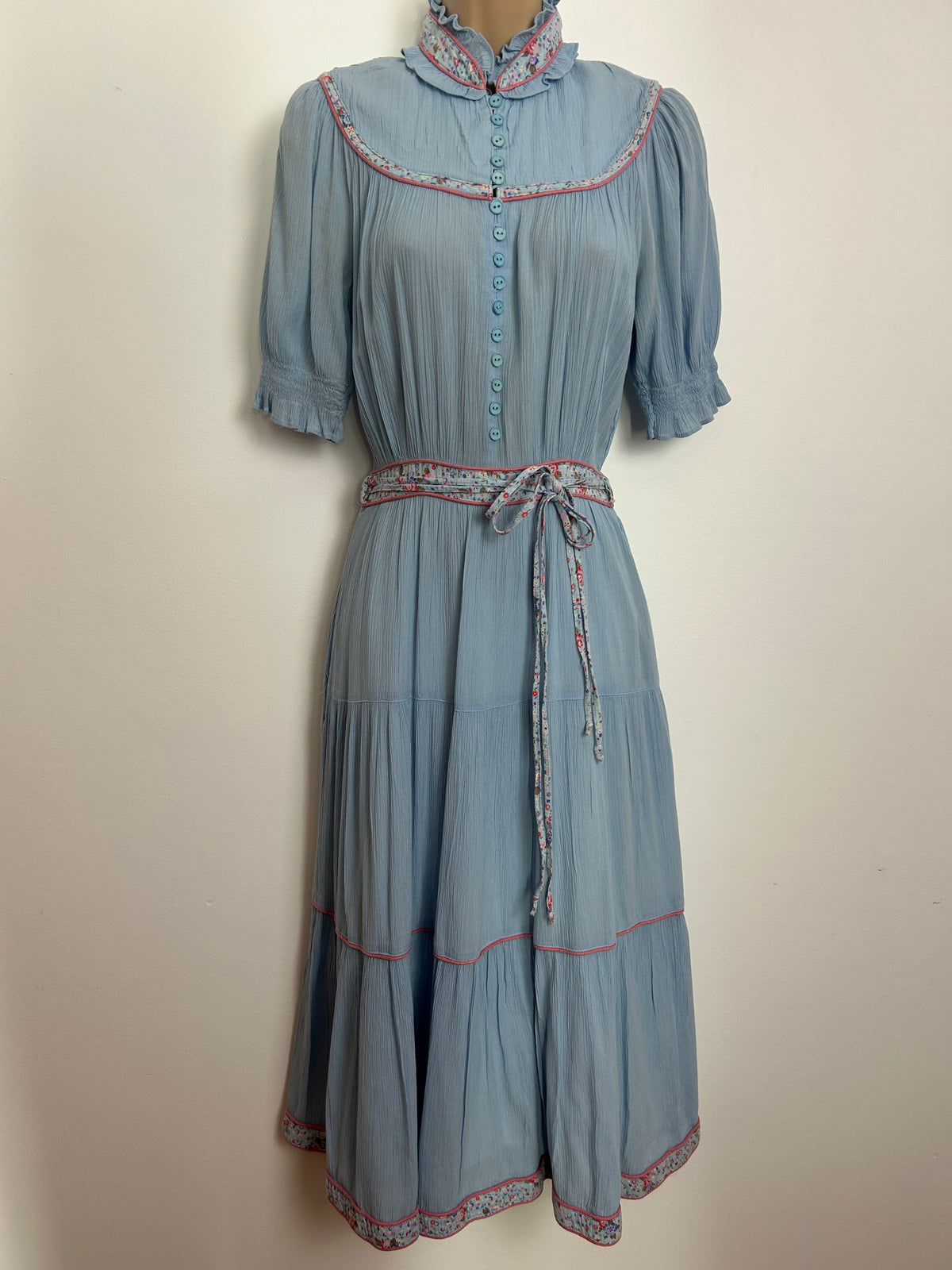 Vintage Late 1970s ELKONT Size 8 Pale Blue Cheesecloth Cotton Prairie Boho Midi Day Dress