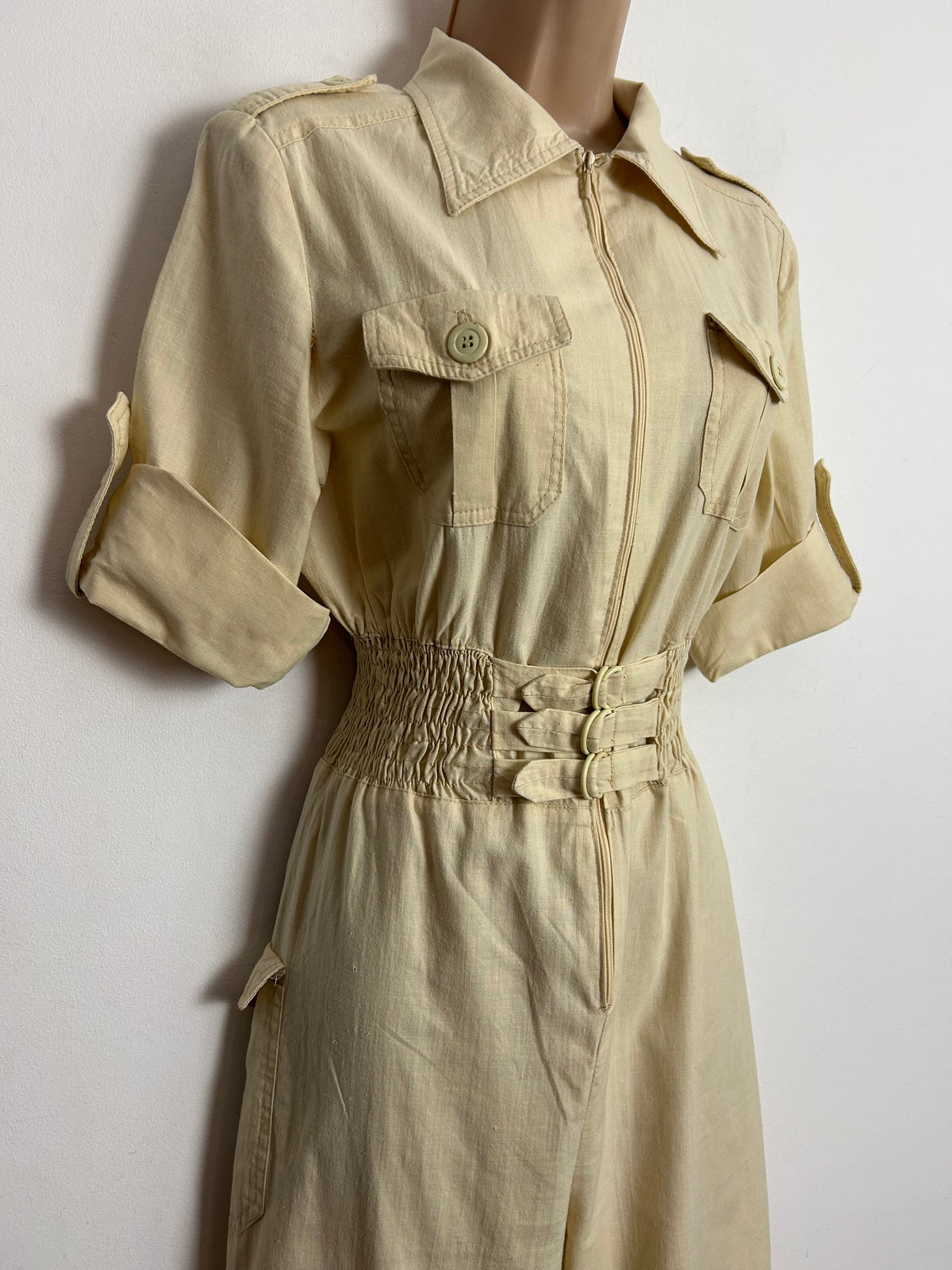 Vintage Early 1980s UK Size 10 C&A Cream Cotton Shirt Style Shirred Waist Jumpsuit