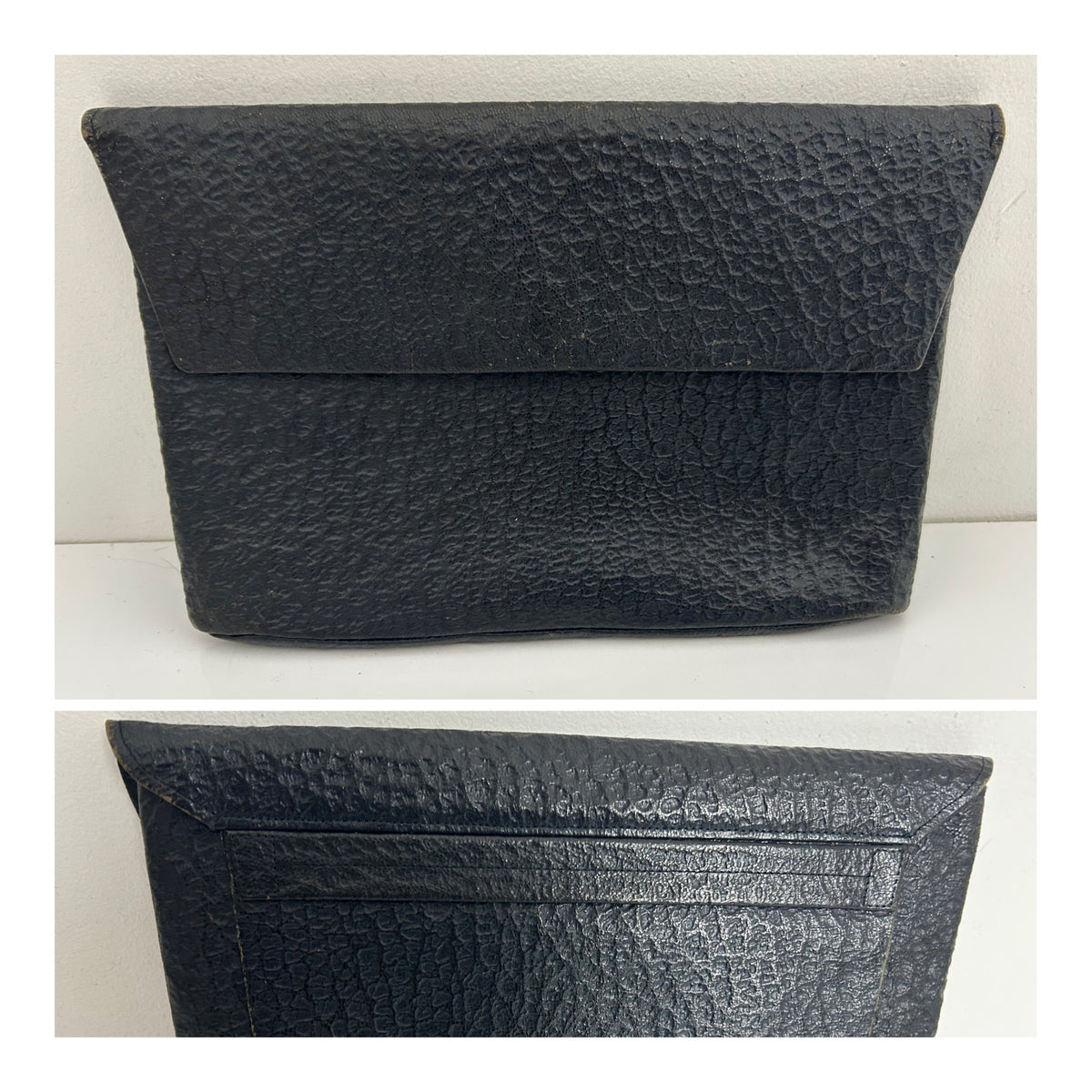 Vintage Late 1940s Black Textured Leather Flap Fastening Finger Strap Clutch Bag