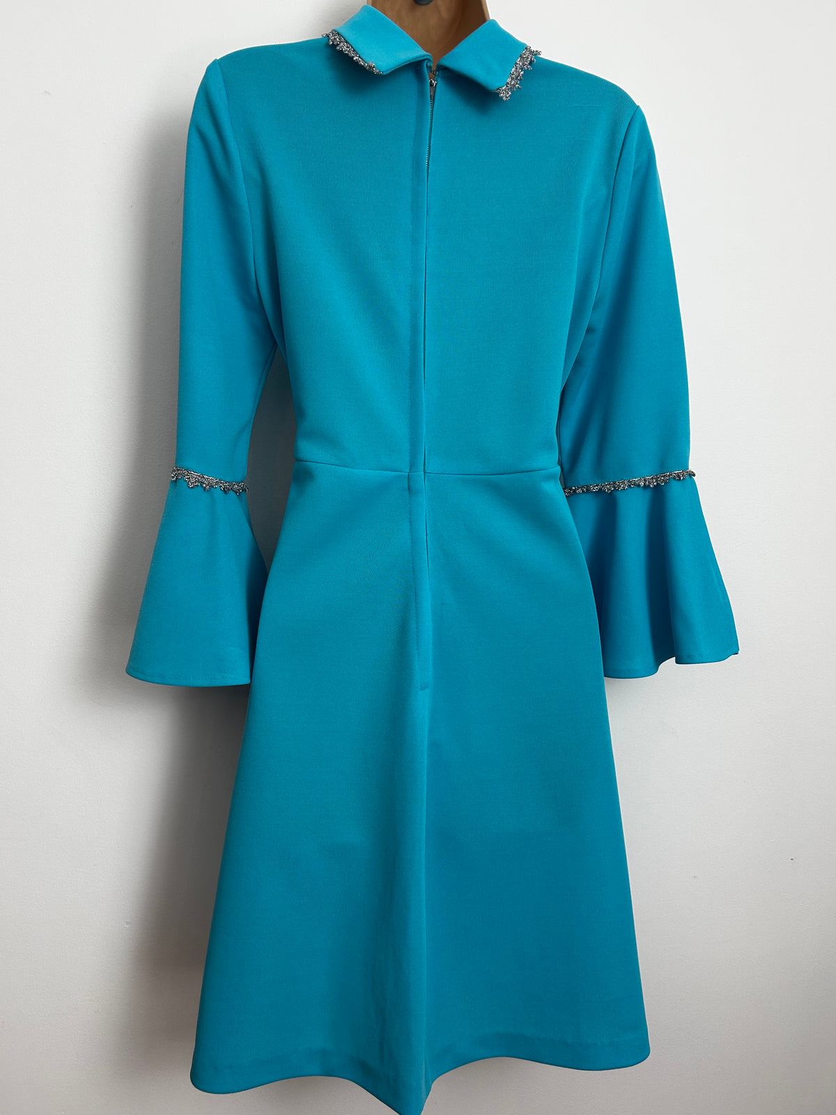 Vintage 1970s Size 8-10 Turquoise & Silver Braid Trim Flared Cuff Fit & Flare Occasion Dress