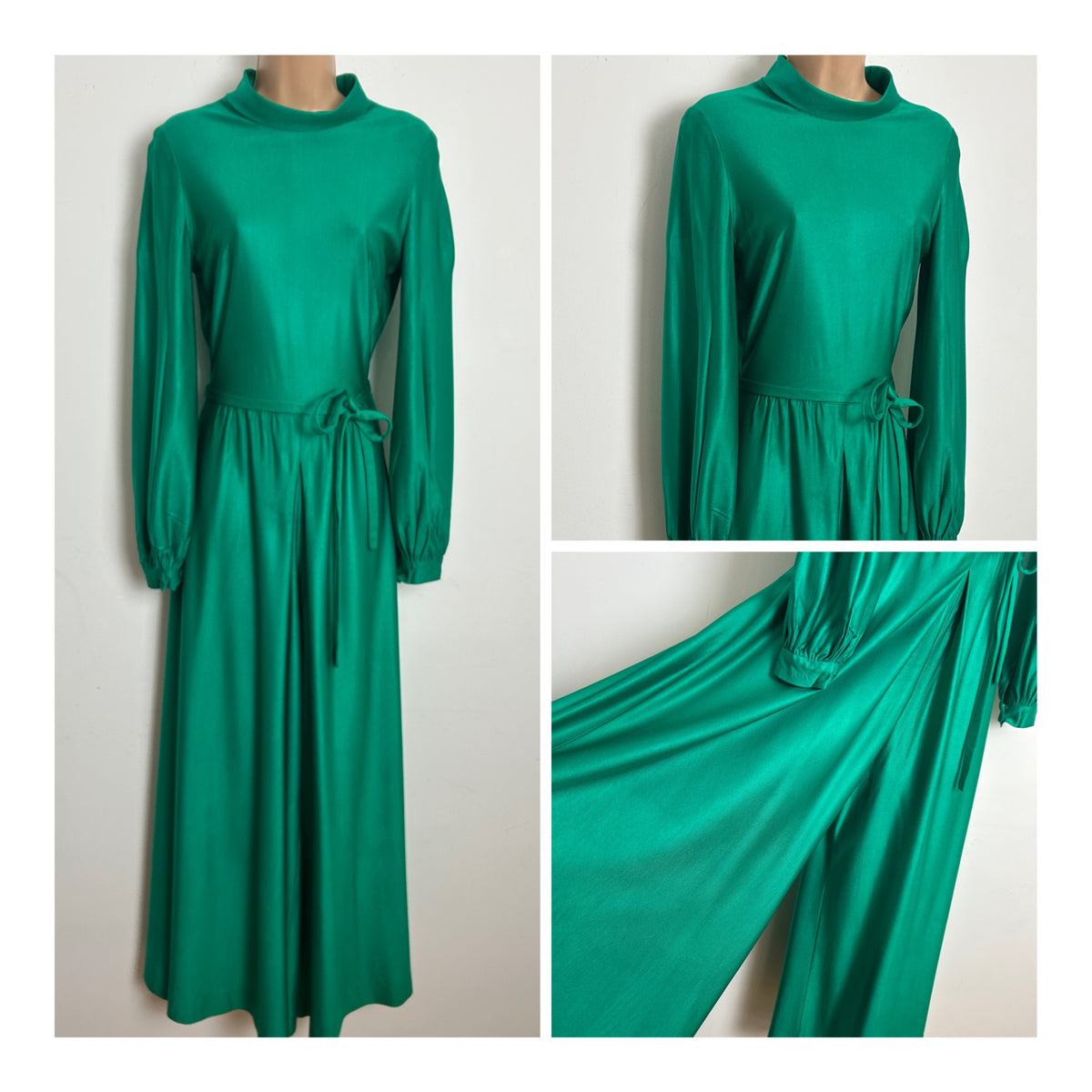 Vintage 1970s KATI AT LAURA PHILLIPS Size 8 Emerald Green Long Sleeve Belted Wide Leg Jumpsuit