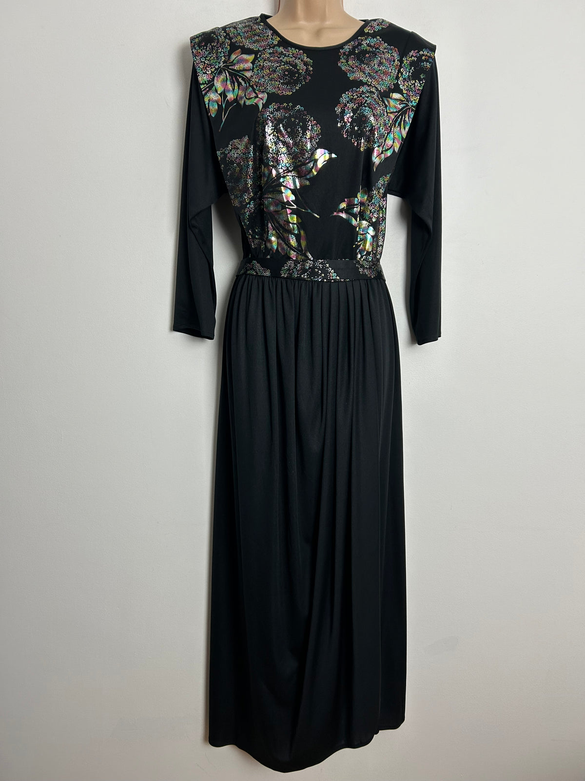 Vintage 1980s UK Size 10 Black & Metallic Silver Blue & Pink Floral Pattern Long Sleeve Belted Evening Dress