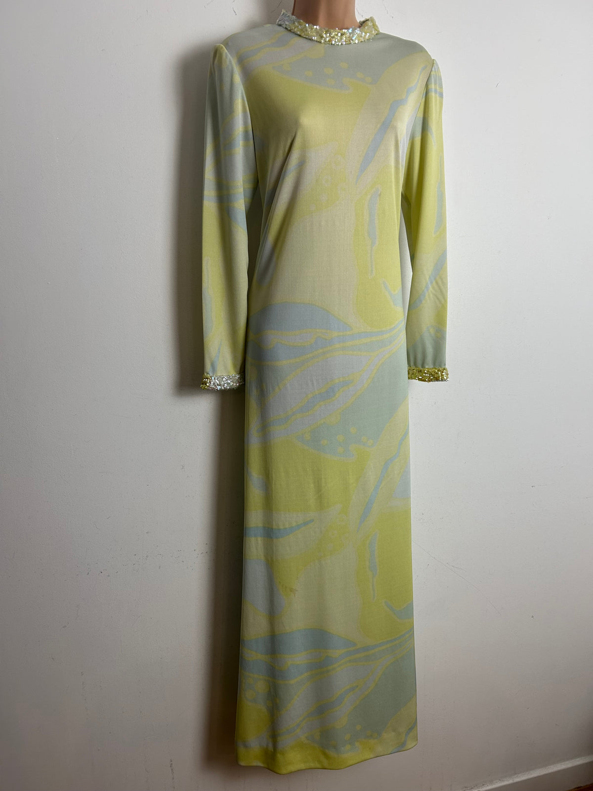 Vintage Late 1960s FRANK USHER Size 10-12 Patel Lemon Blue & Mint Green Abstract Sequin Trim Occasion Maxi Dress s