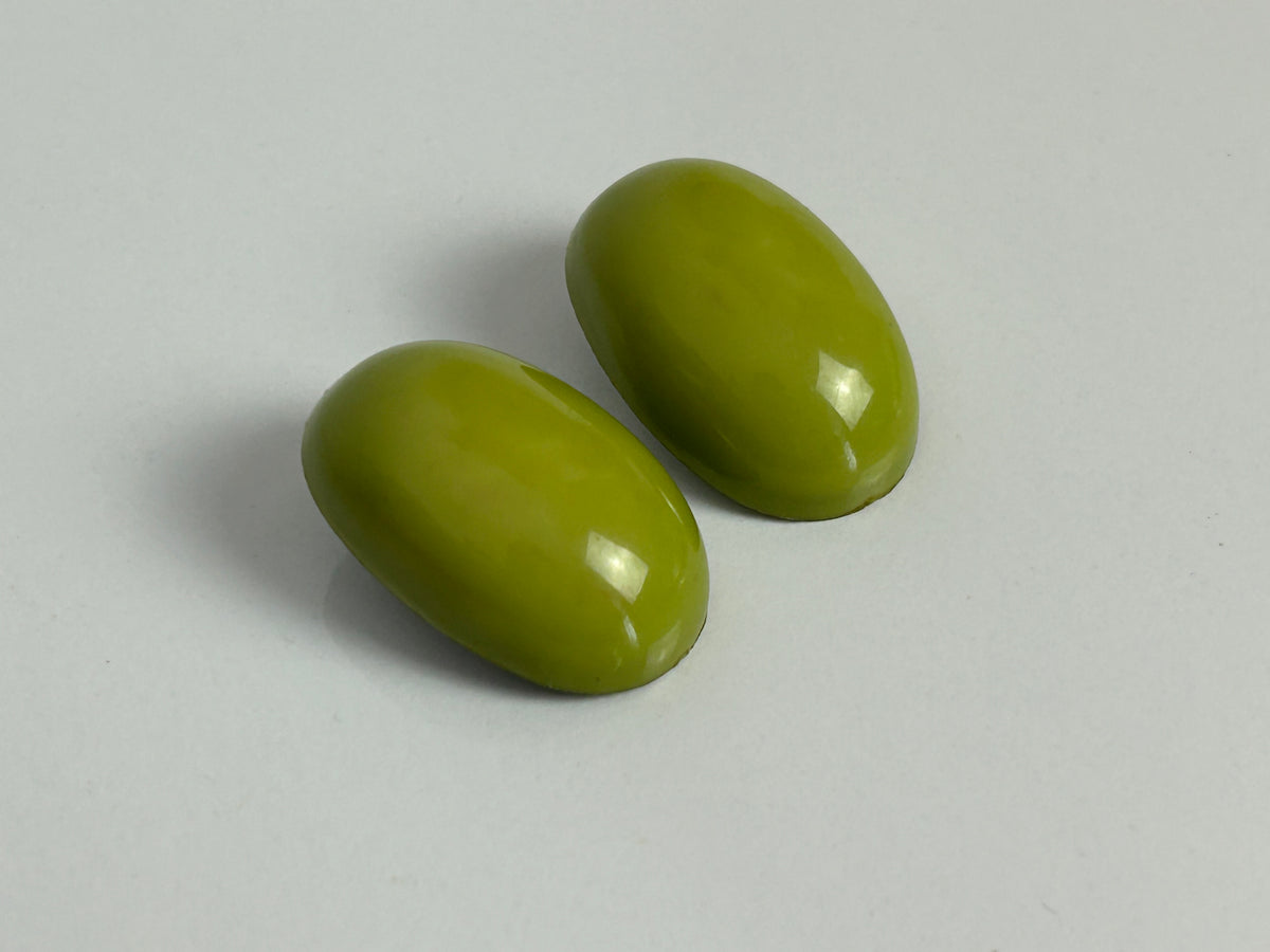 Vintage 1960s Olive Green Plastic Oval Clip On Earrings