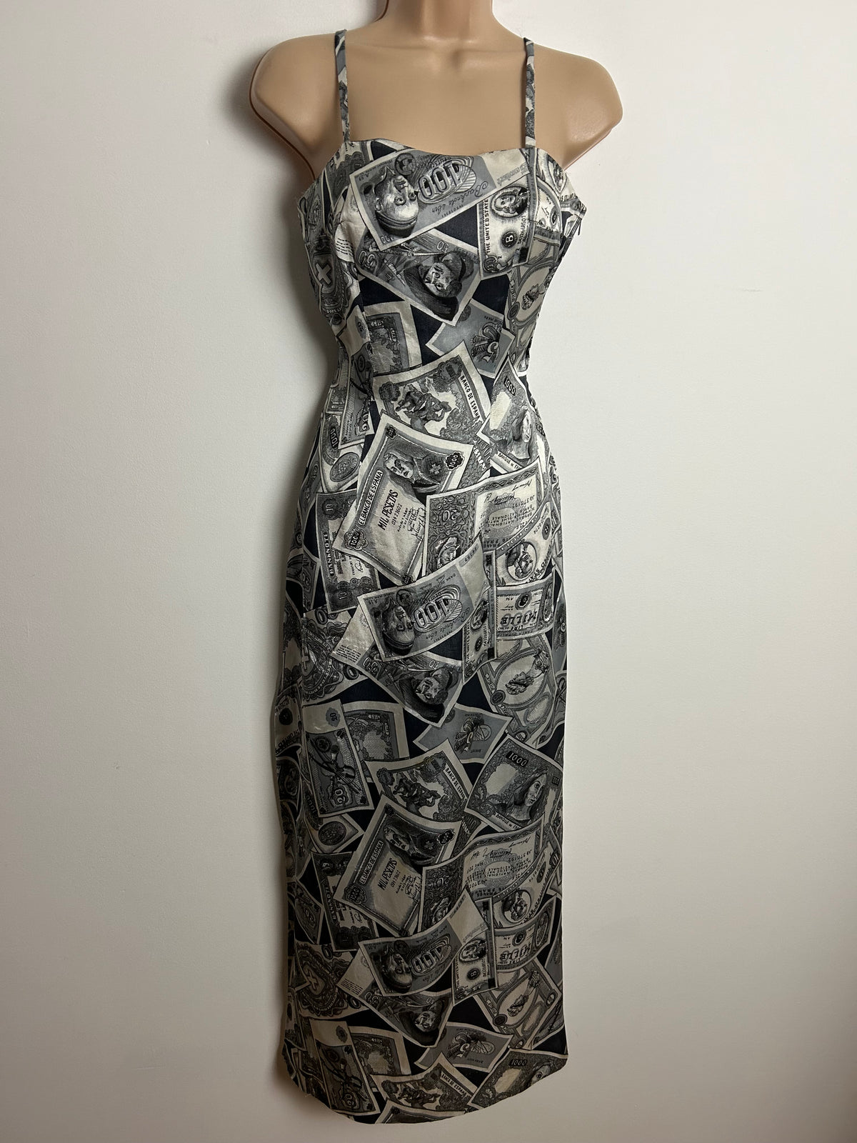 Vintage Late 1950s Early 1960's Size 8 Black Grey & White Bank Notes Novelty Print Strappy Fitted Maxi Dress
