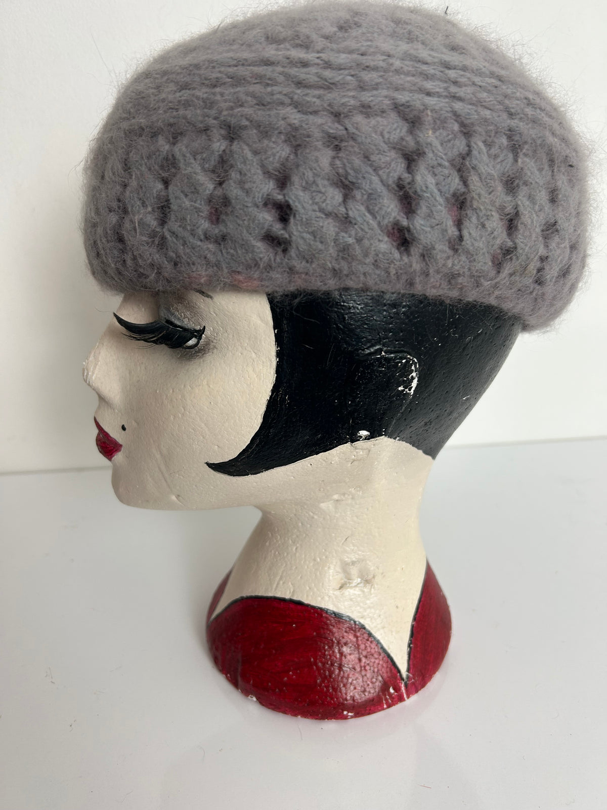 Vintage Dusky Pink Or Grey Angora & Wool Chunky Crochet Knit Reversible Beret/Beanie Style Hat