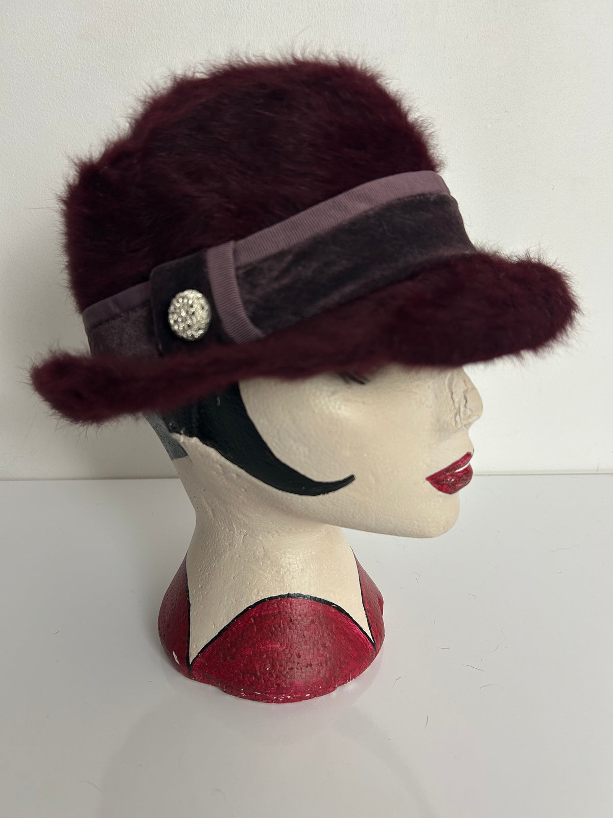 Vintage Purple Angora Mix Velvet Ribbon Trim Button Detail Trilby Style Hat