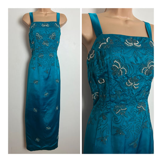 Vintage 1950s RICCI MICHAELS Size 10 Dark Turquoise Embroidered & Peal Bead Embellished Occasion Dress