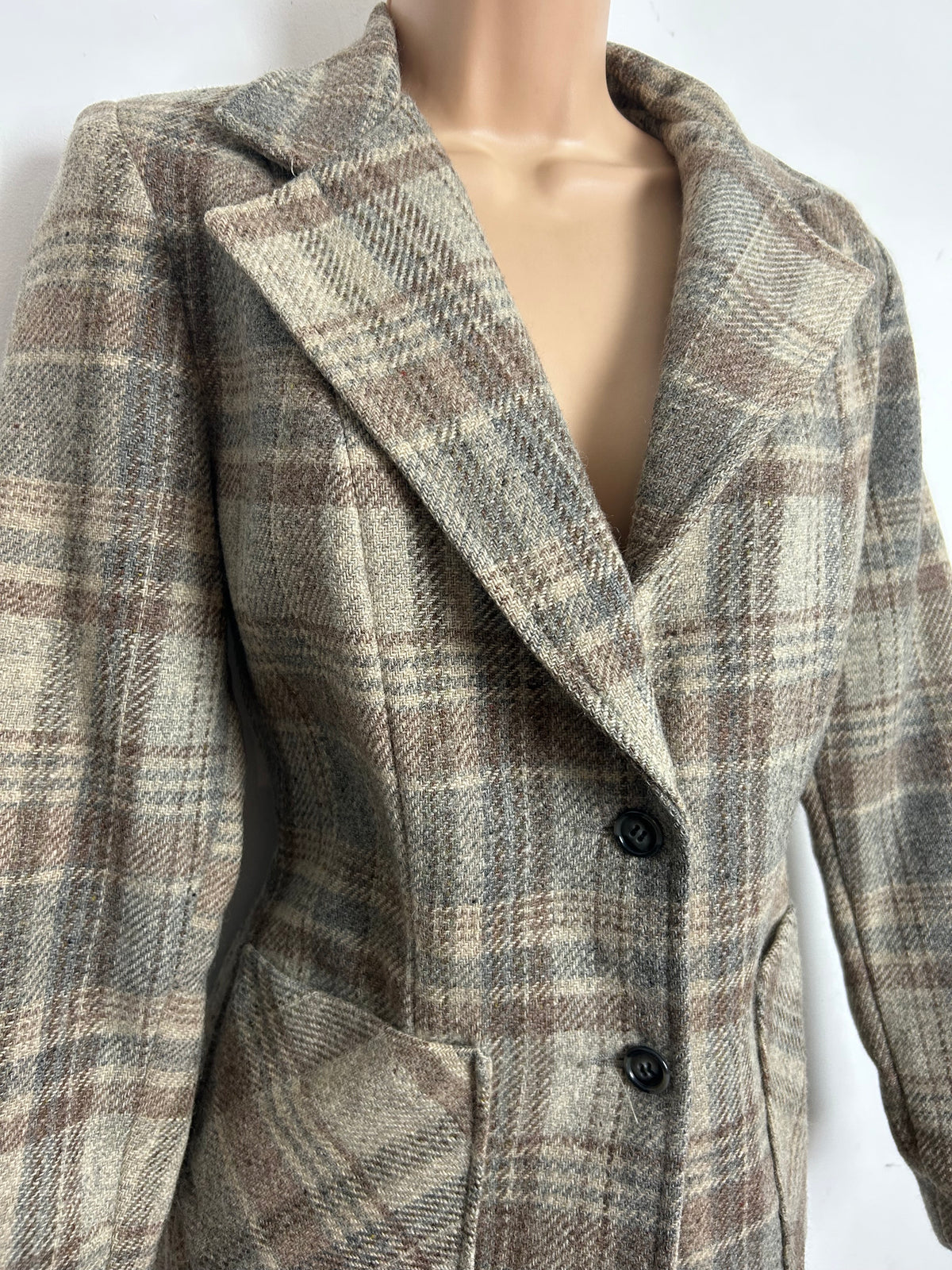 Vintage 1980s SWINGLES BY CONNECTIONS Size 10 Beige & Grey Tones Check Wool Mix Blazer