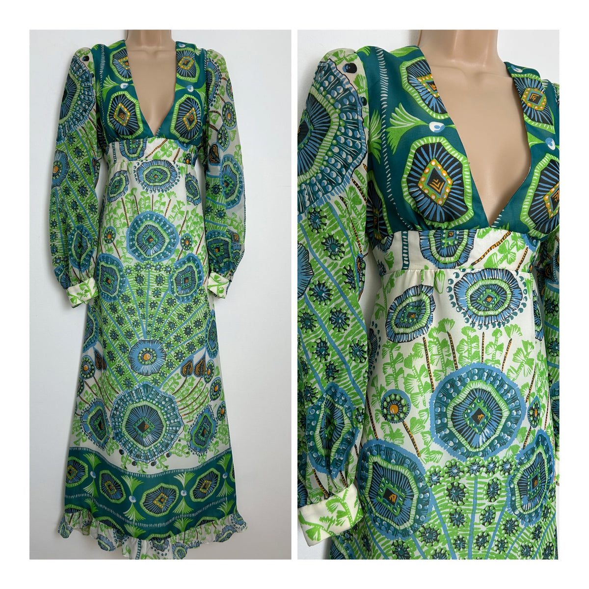Vintage 1970s MISS NOVELL Size 10-12 Cream Teal & Green Abstract Print Long Sleeve Maxi Dress