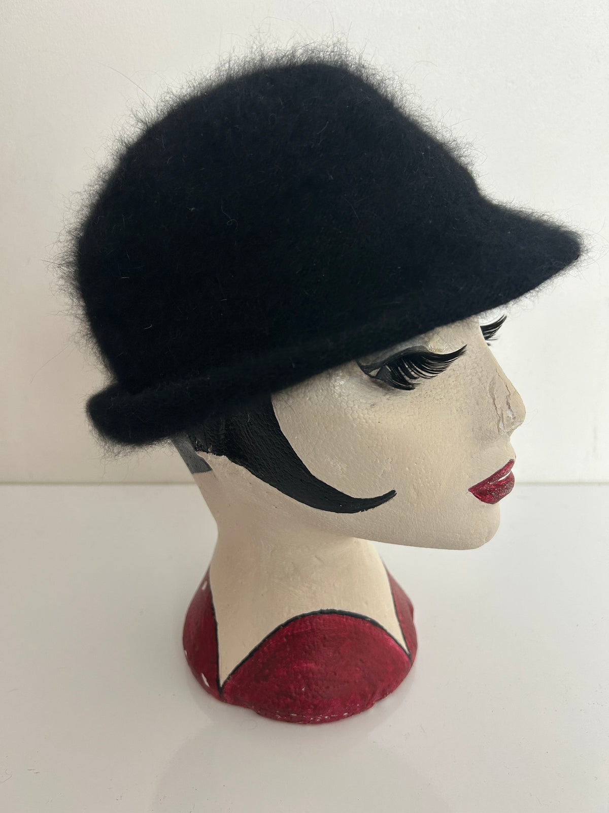 Vintage Italian Black Angora & Wool Mix Small Peaked Hat