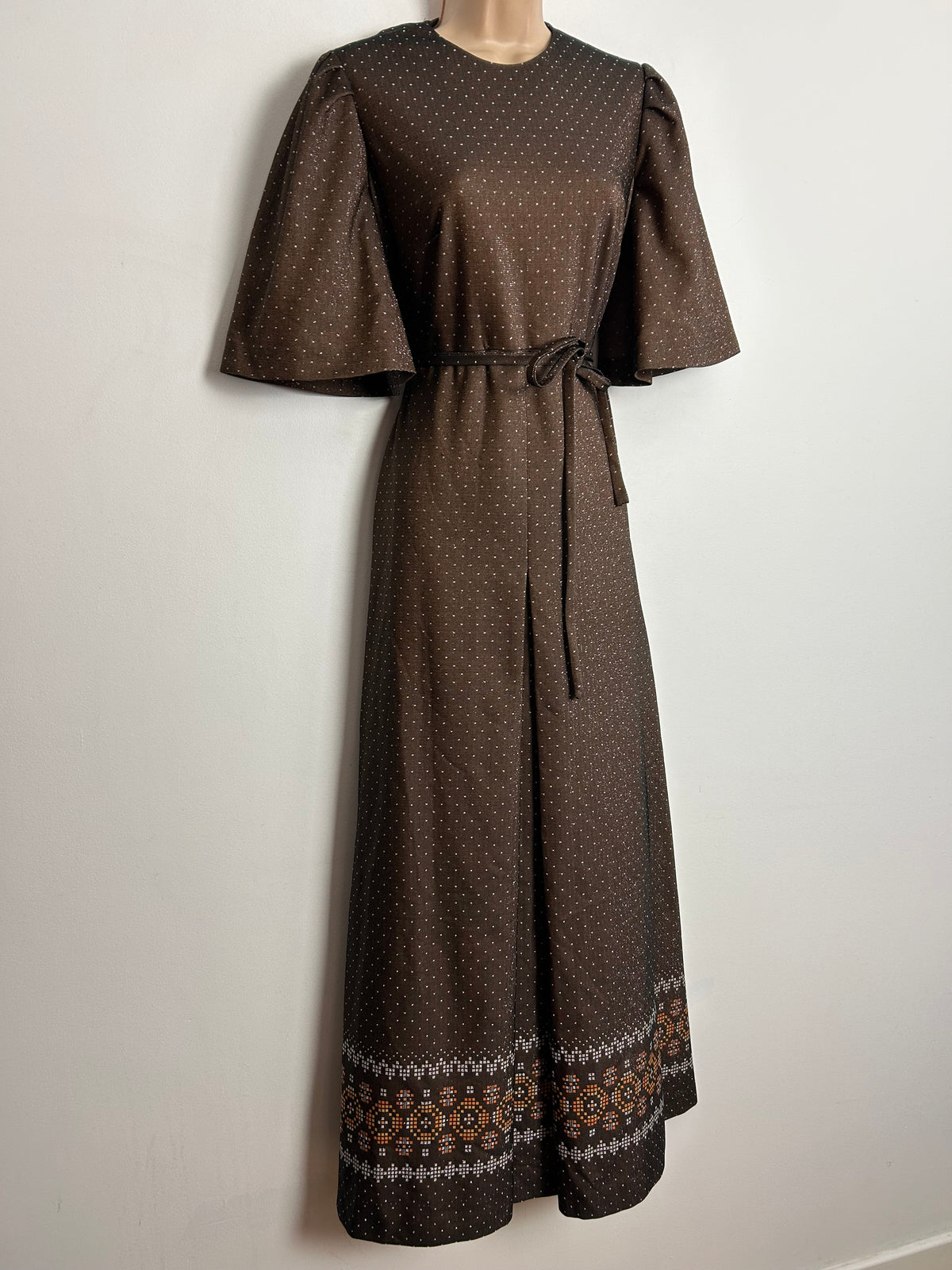 Vintage 1970s RICHARD BAKER UK Size 8 Brown & Silver & Polka Dot & Geo Pattern Lurex Maxi Dress