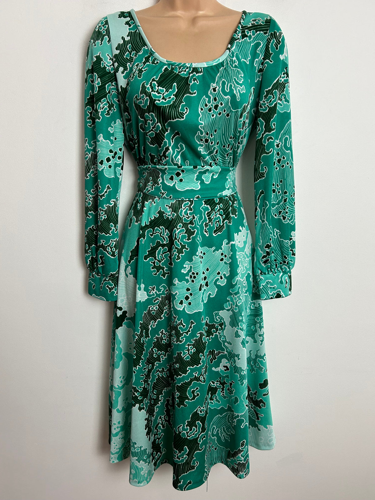 Vintage Late 1970s SIDGREENE OF LONDON UK Size 12 Green Tones Abstract Print Belted Long Sleeve Day Dress